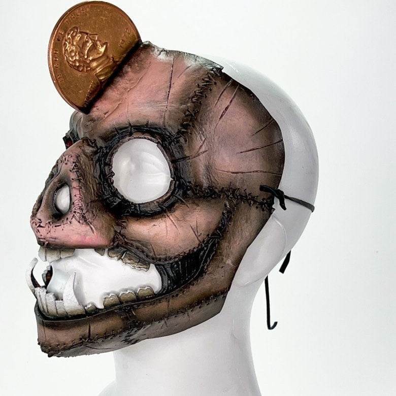 Demented Piggy Bank - Genuine Leather Mask - Real Copper Penny - Handmade Full Face Cover for Halloween or Performance Costume - 