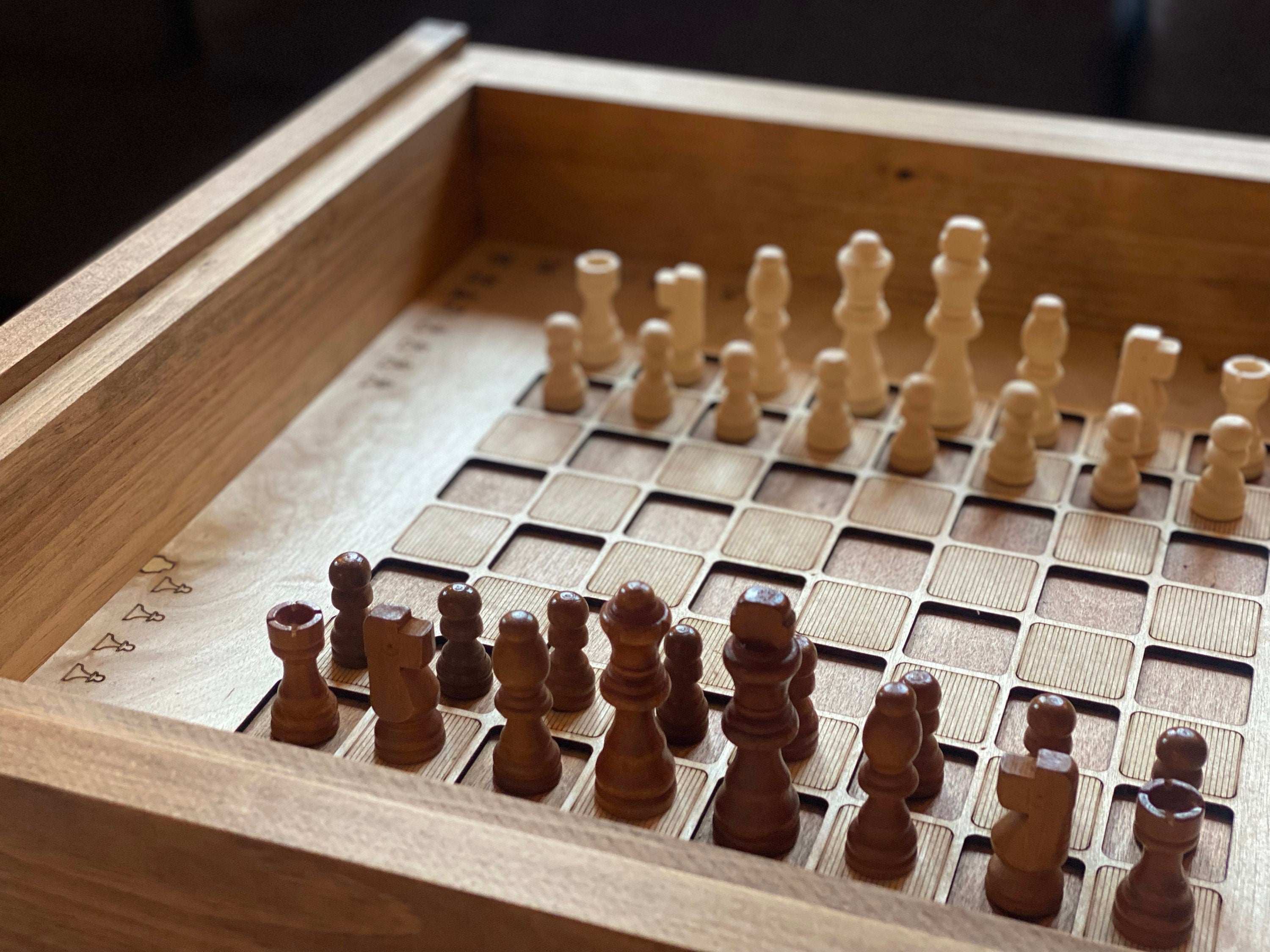 Rustic Chess and Checkers Table with removable glass top - chess and checkers pieces included - 