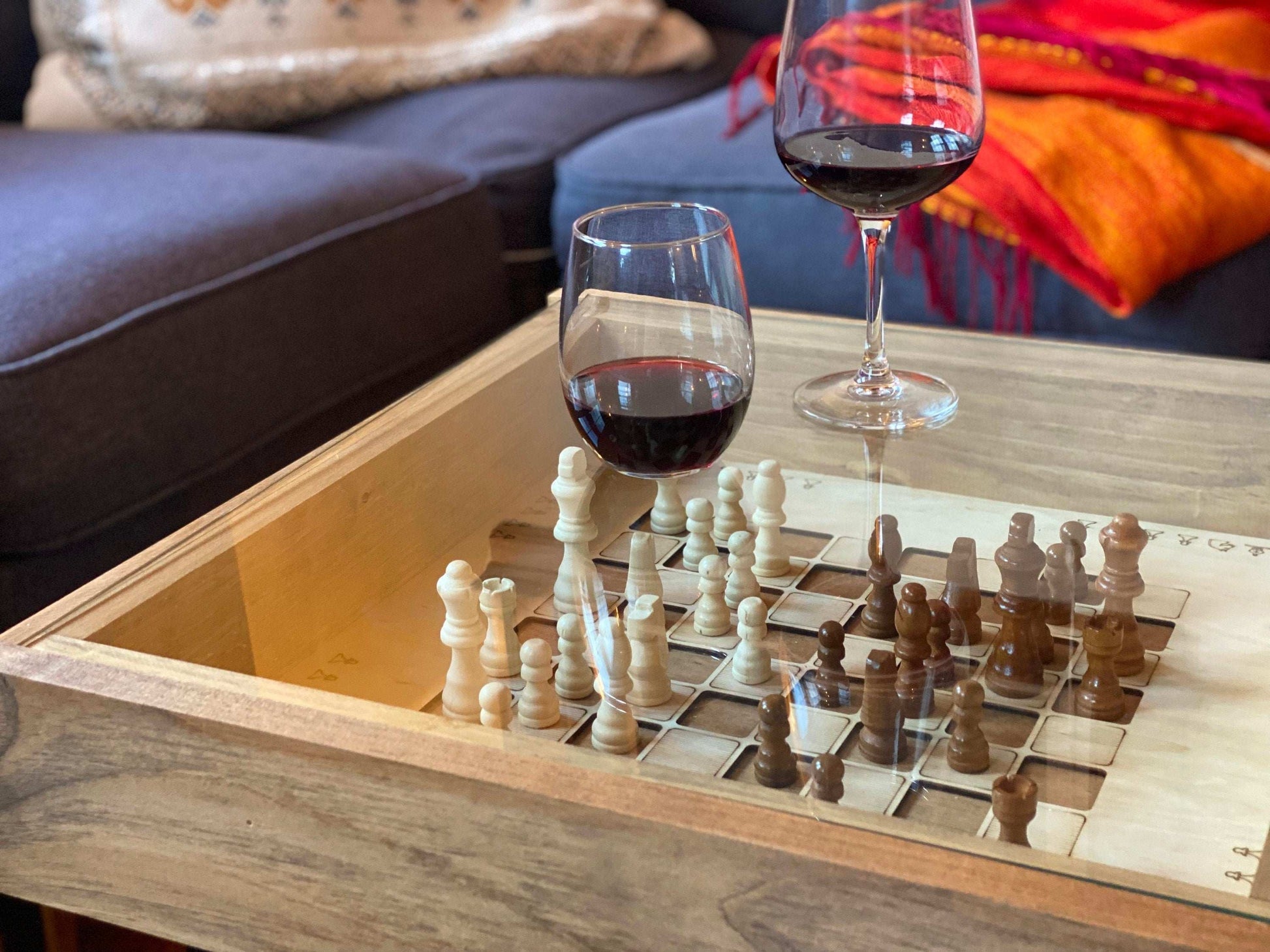 Rustic Chess and Checkers Table with removable glass top - chess and checkers pieces included - 