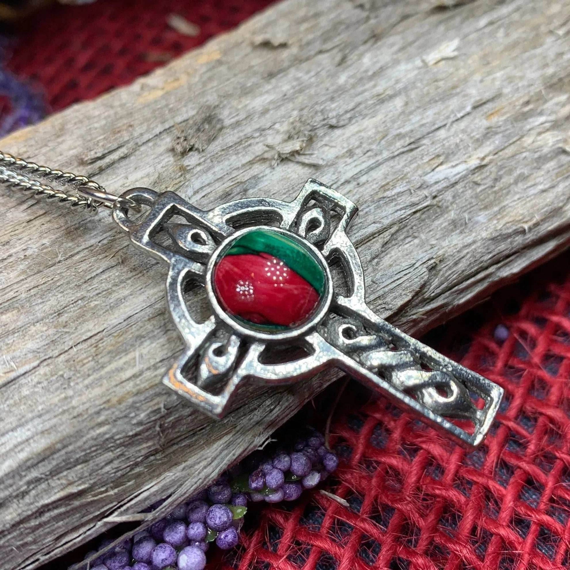 Heathergems Celtic Cross Necklace - Red Green