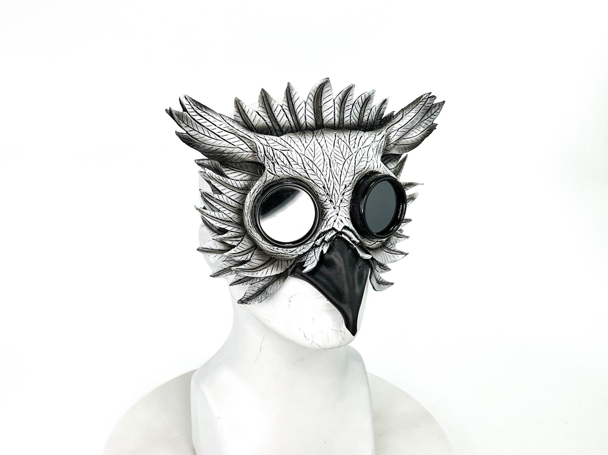 White Horned Owl Goggles Handmade Genuine Leather Mask - 