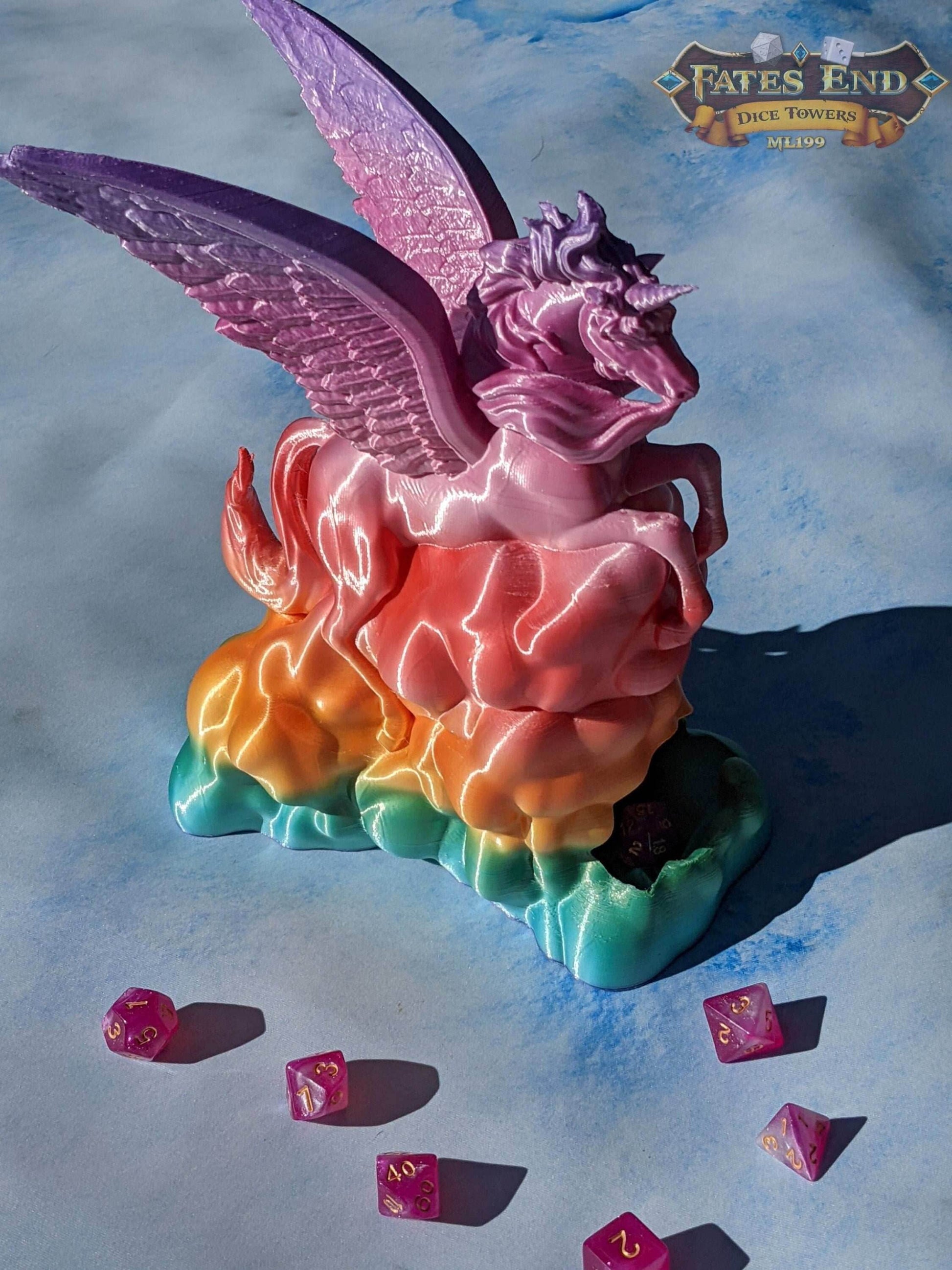 Alicorn & Unicorn 3D Printed Dice Tower- Fate's End Collection - Magical Dice Rolling Experience - Black / Alicorn (With Wings)