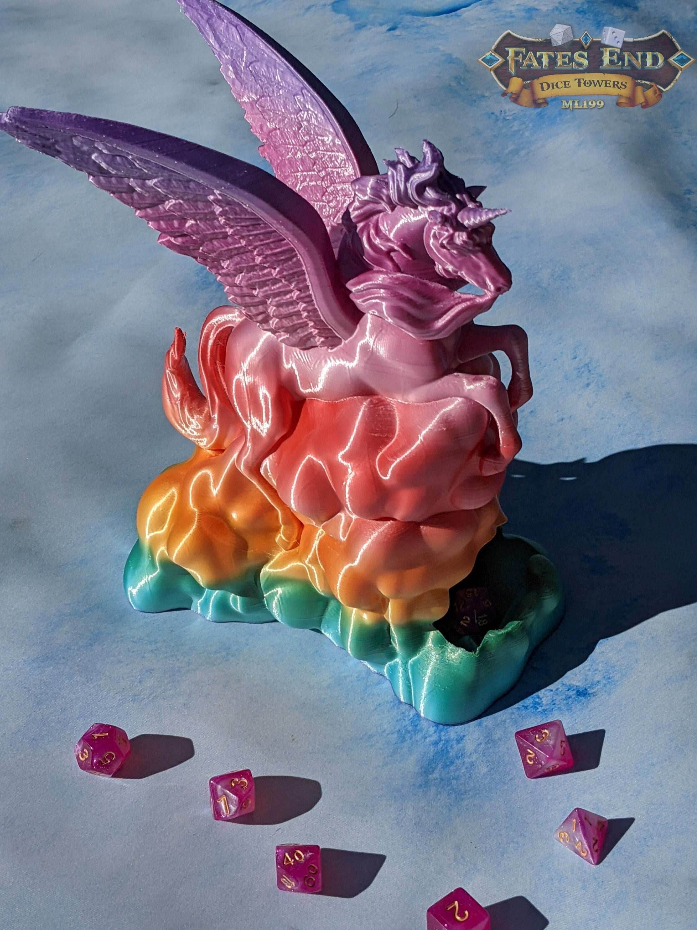 Alicorn & Unicorn 3D Printed Dice Tower- Fate's End Collection - Magical Dice Rolling Experience - Black / Alicorn (With Wings)