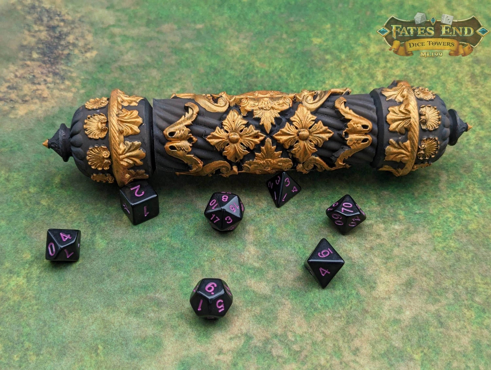 Scroll Case 3D Printed Dice Jail | RPG Dice Vault | D20 Storage Box | Player Gift - Fate's End Furhaven Collection - Enchanting secrets! - Black / Yes- Include Random Dice Set