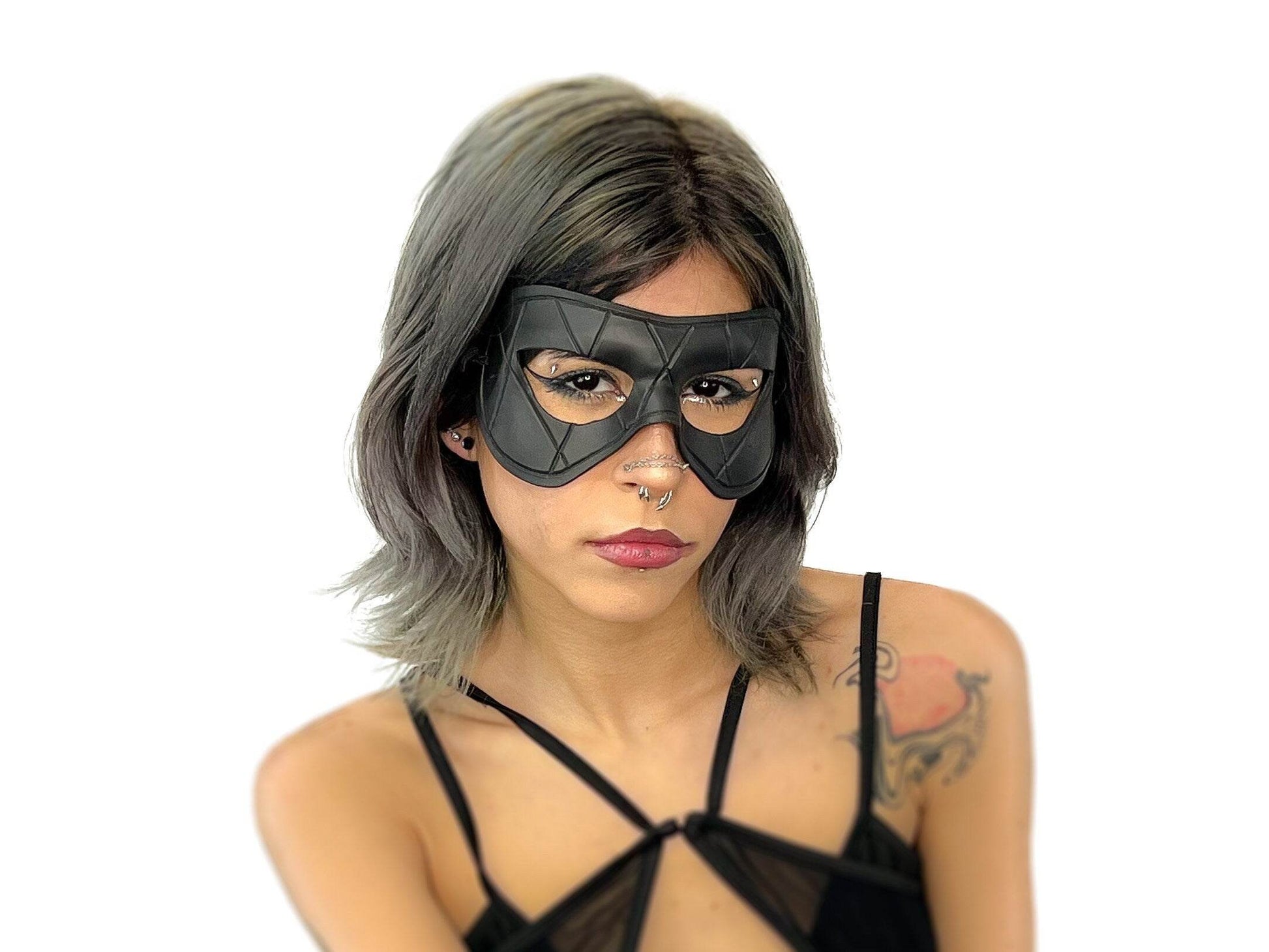 Compact Harlequin Handmade Genuine Leather Mask in Solid Black - 