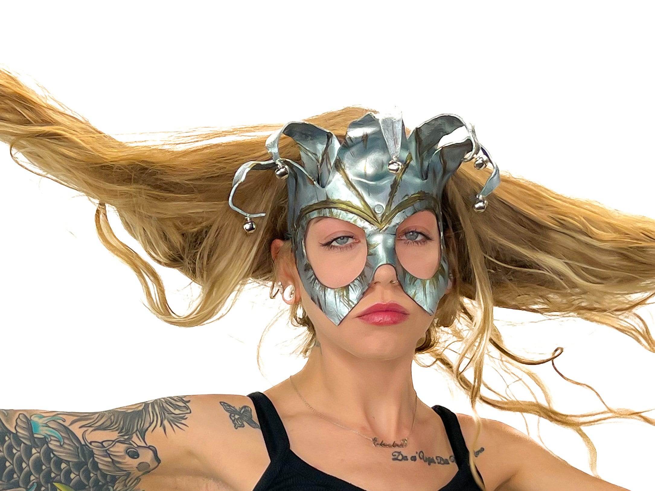 Handmade Genuine Leather Five Point Jester Mask in Patina Silver - 