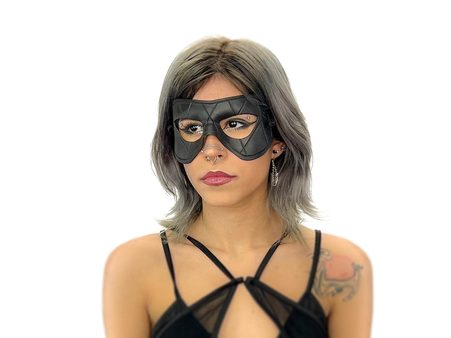 Compact Harlequin Handmade Genuine Leather Mask in Solid Black - 