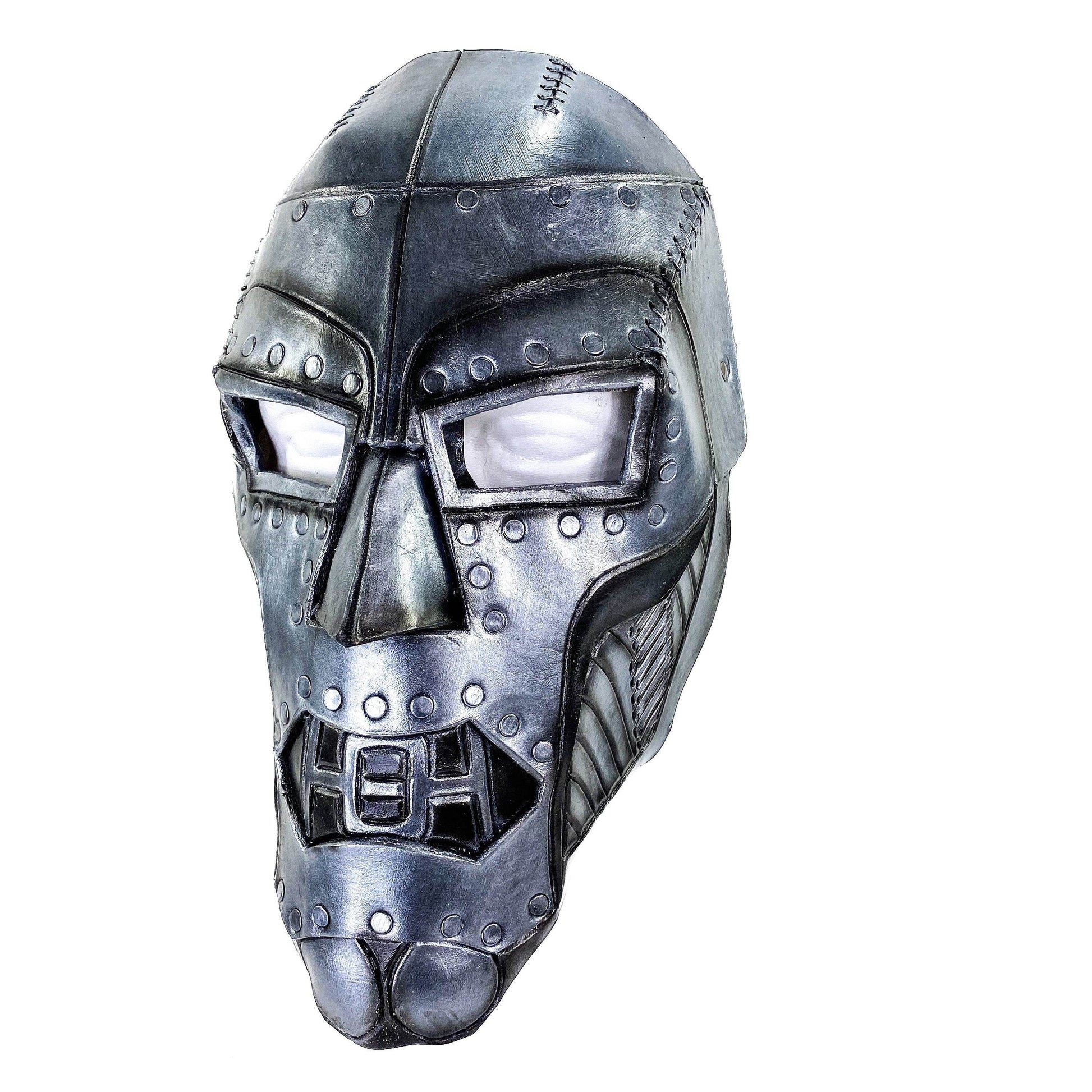 Genuine Leather Mask - Weathered Steel Paint - Handmade Full Face Cover for Masquerades Halloween or Cosplay Costume - UV Reactive Paint