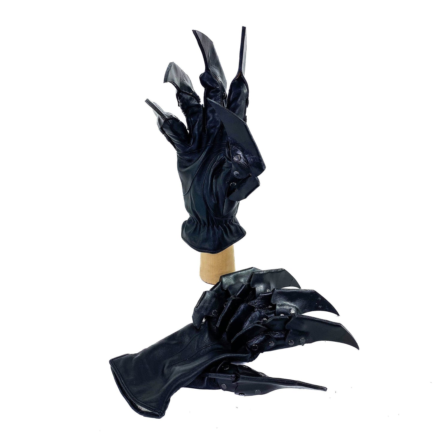 One Set of Two Handcrafted Genuine Leather Gloves with Claws in Black - 