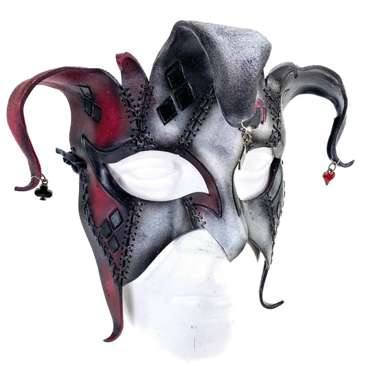The Joker's Card - Grungy Joker Jester Handmade Genuine Leather Mask in Red with Charms - 