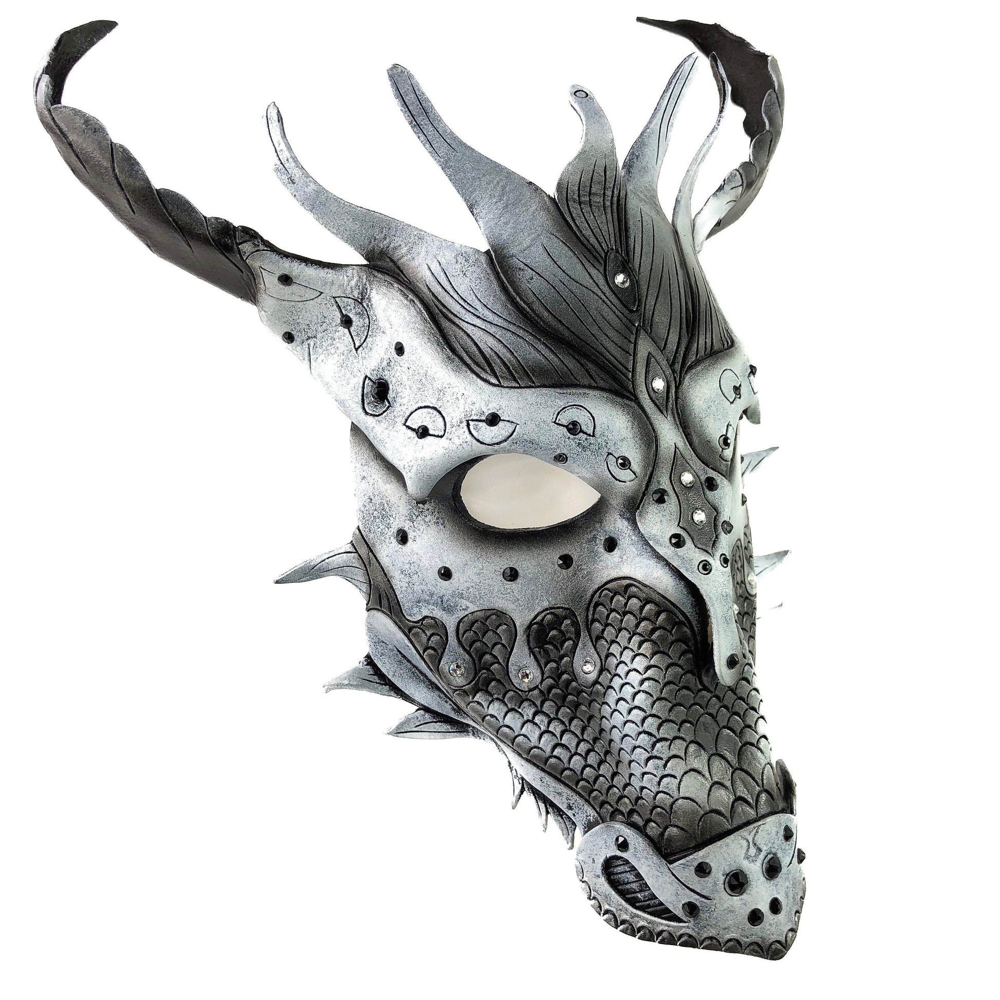 Grey Ancient Dragon Leather Mask with Swarovski Crystals - 