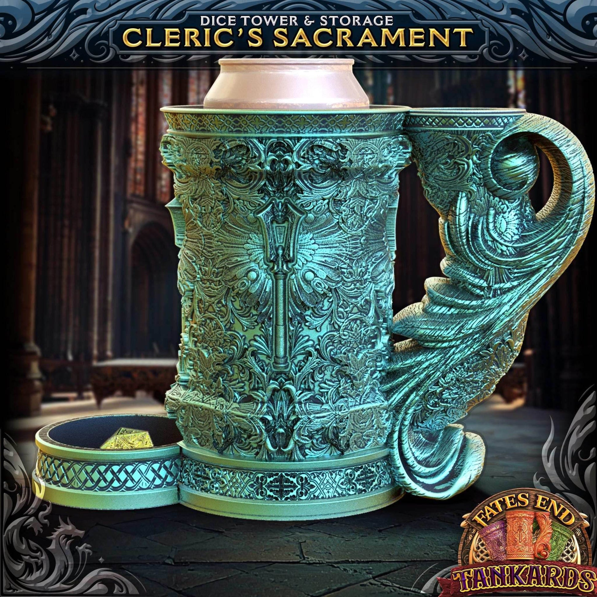 Cleric Themed Tankard Dice Tower and Can Holder with Dice Vault | Fates End RolePlay RP Gamer Mug Roll Gift Storage DND Classes from JCSFY - Dark Magic Black