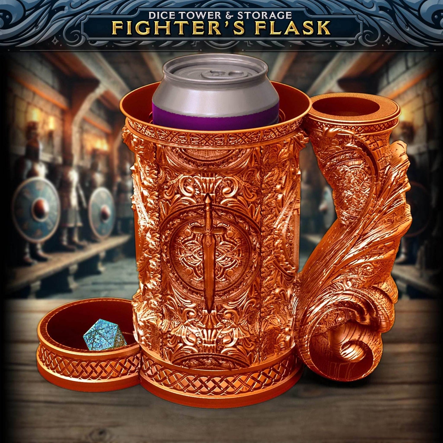 Fighter Tankard Dice Tower and Can Holder with Dice Vault | Fates End RolePlay RP Gamer Mug Roll Gift Storage DND Classes from JCSFY - Dark Magic Black