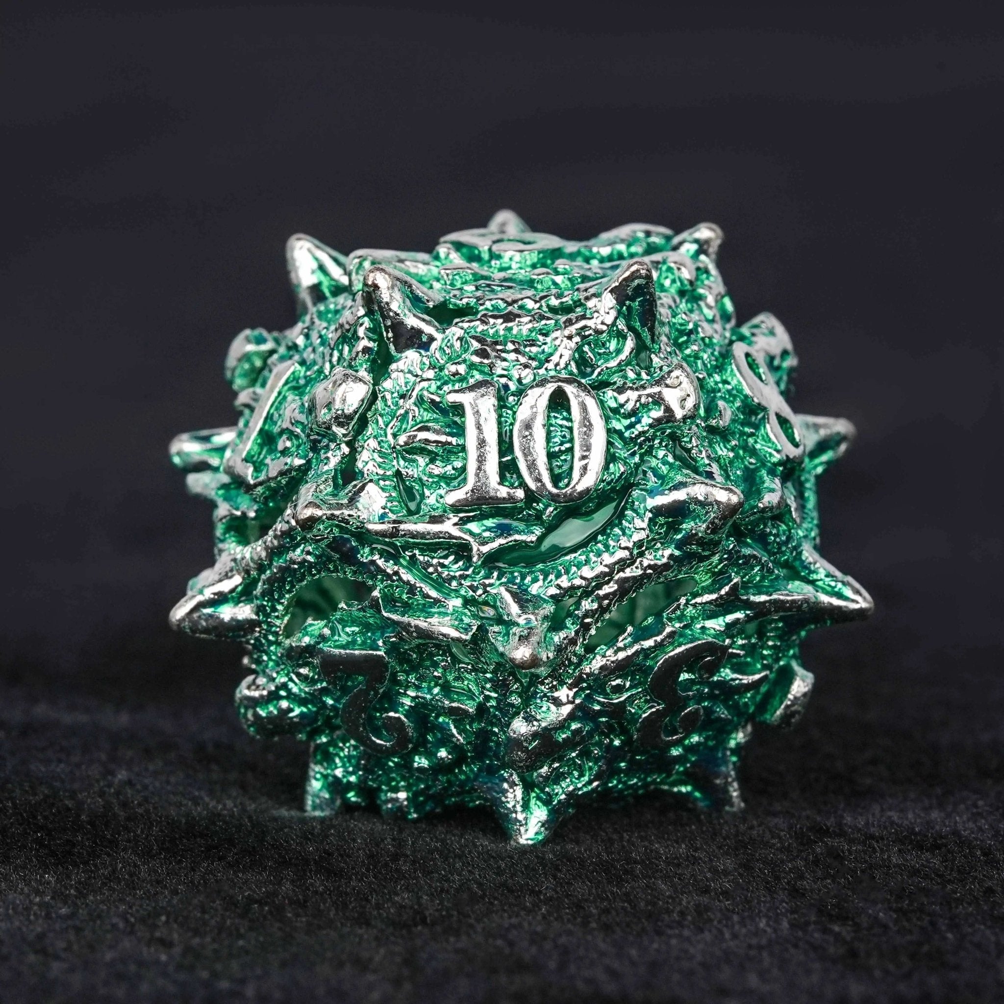 Irregular Skeleton Metal Dragon Polyhedron DND Dice Set + Silver Green