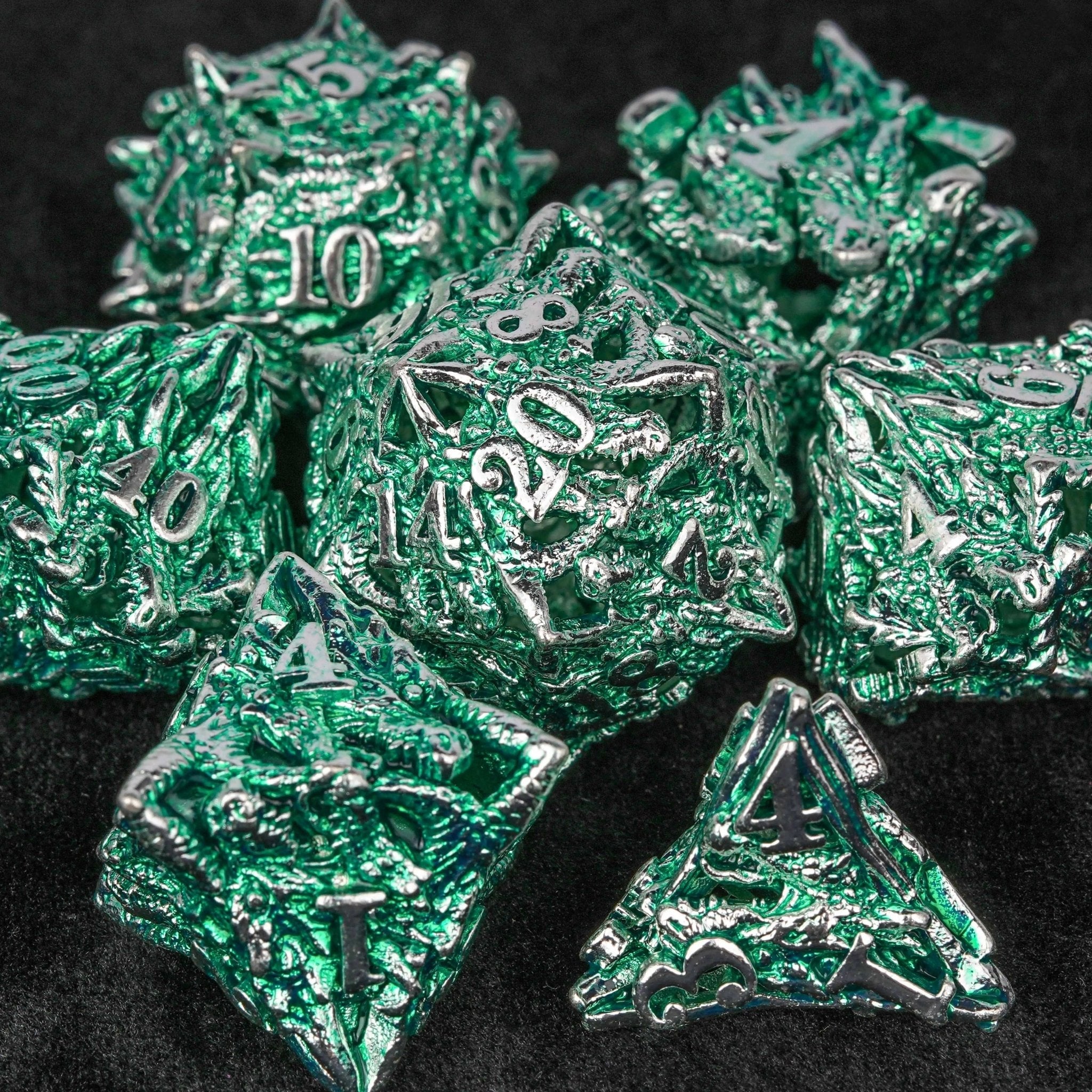 Irregular Skeleton Metal Dragon Polyhedron DND Dice Set + Silver Green