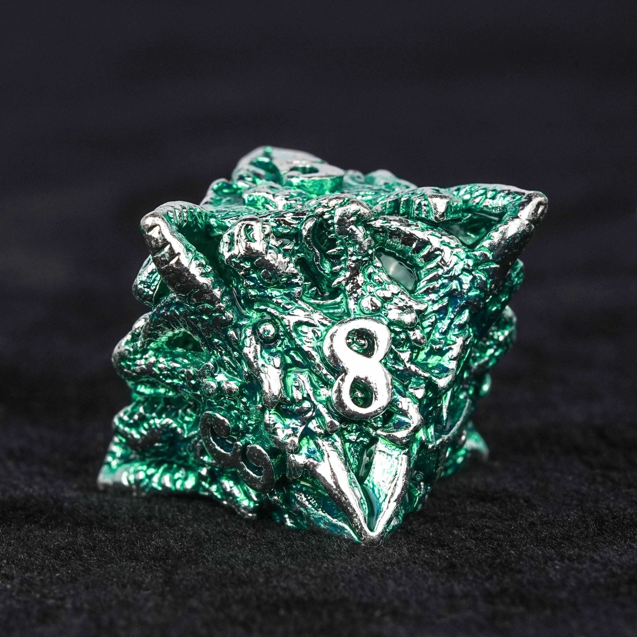Irregular Skeleton Metal Dragon Polyhedron DND Dice Set + Silver Green