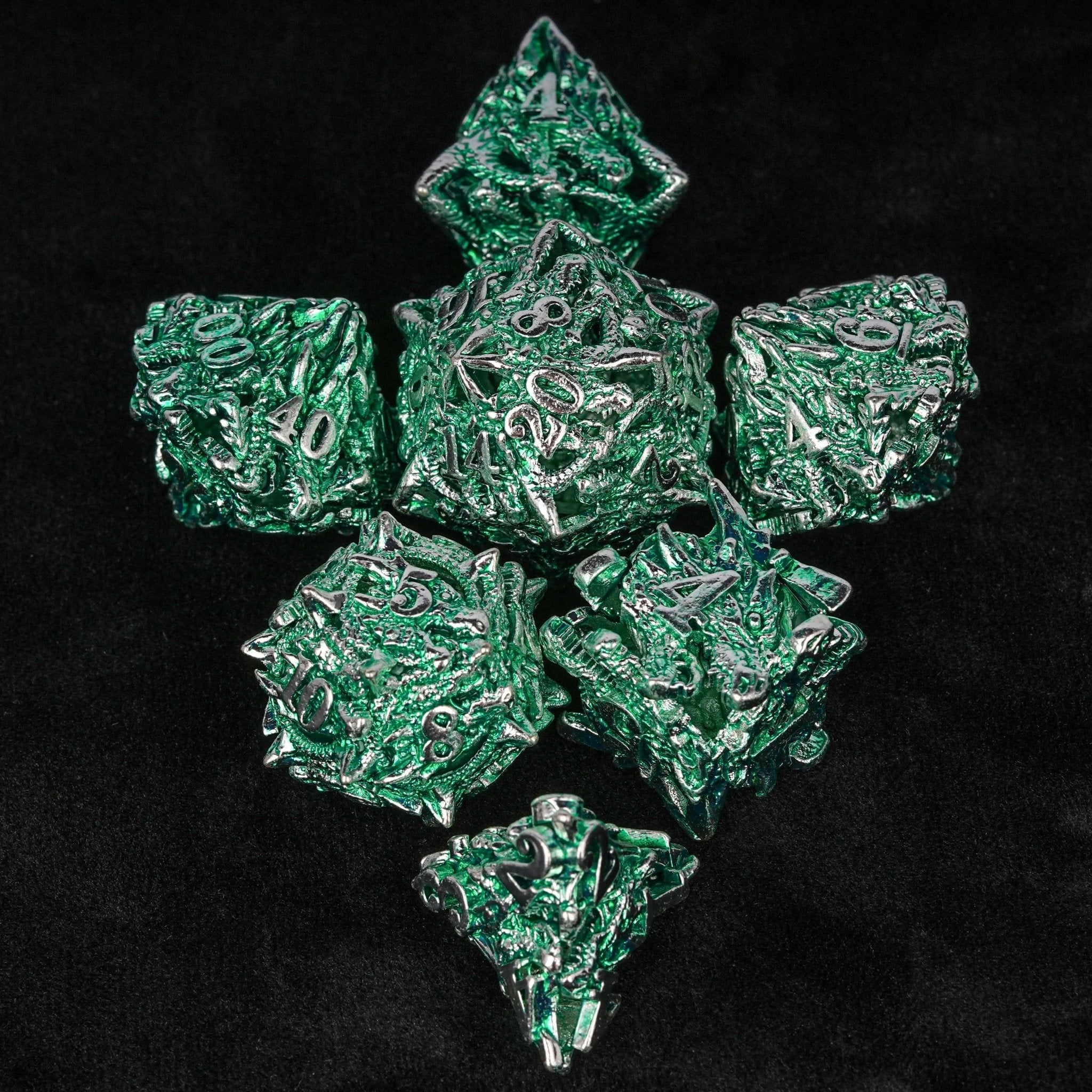 Irregular Skeleton Metal Dragon Polyhedron DND Dice Set + Silver Green