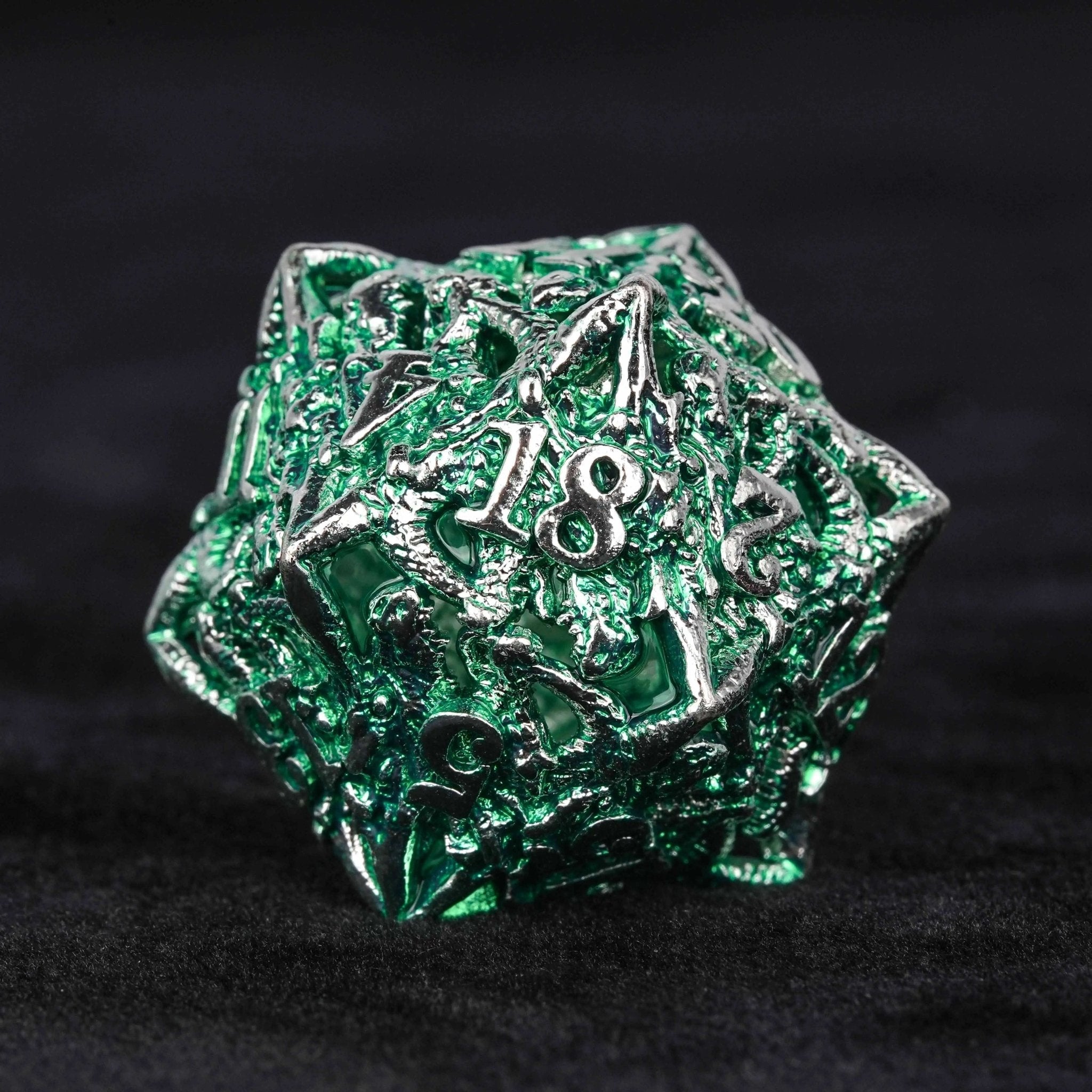 Irregular Skeleton Metal Dragon Polyhedron DND Dice Set + Silver Green