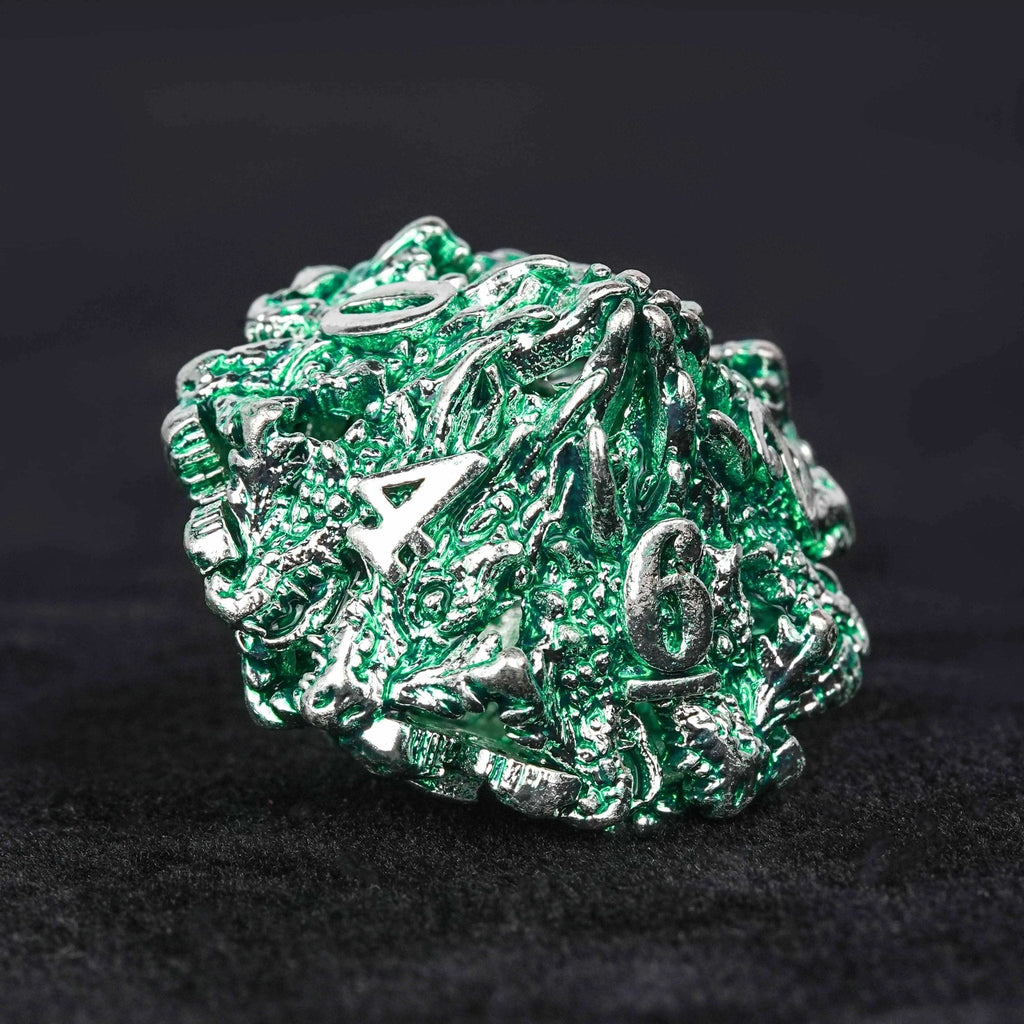 Irregular Skeleton Metal Dragon Polyhedron DND Dice Set + Silver Green