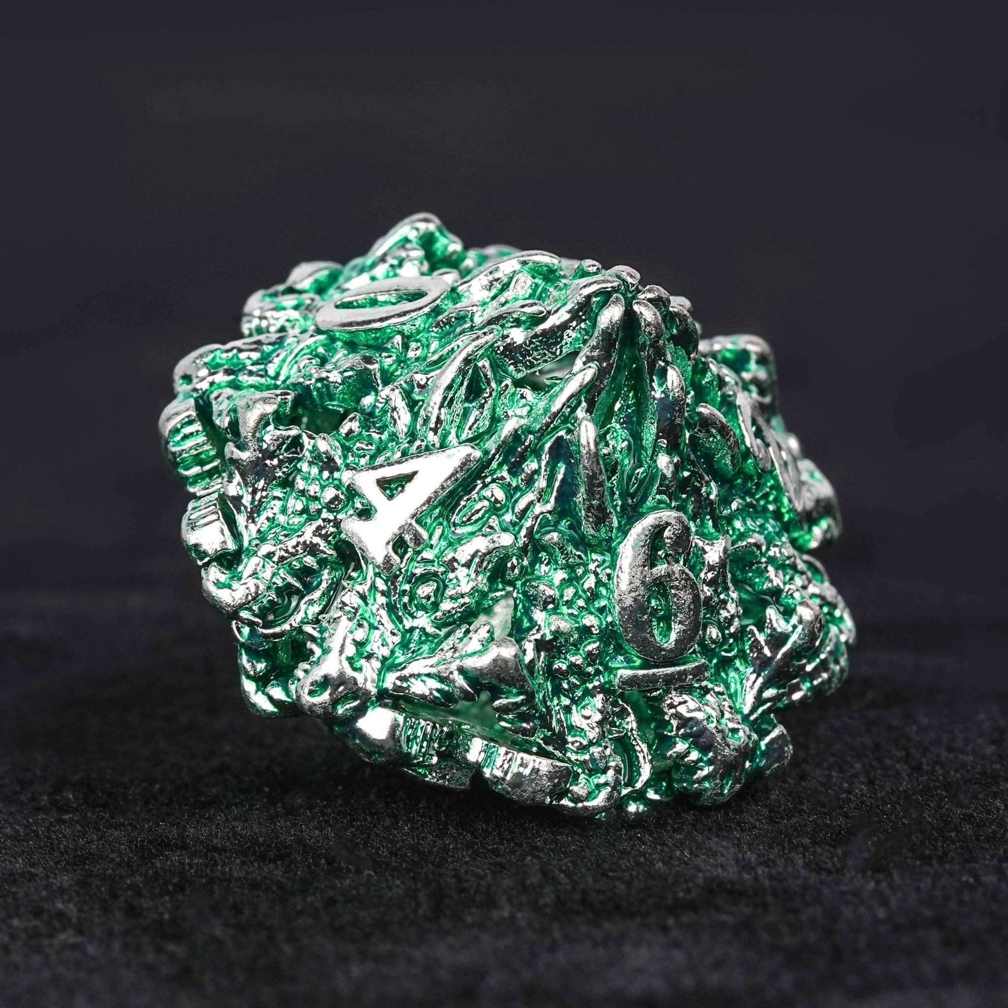 Irregular Skeleton Metal Dragon Polyhedron DND Dice Set + Silver Green