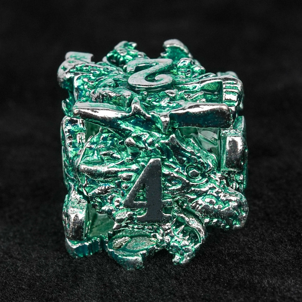 Irregular Skeleton Metal Dragon Polyhedron DND Dice Set + Silver Green