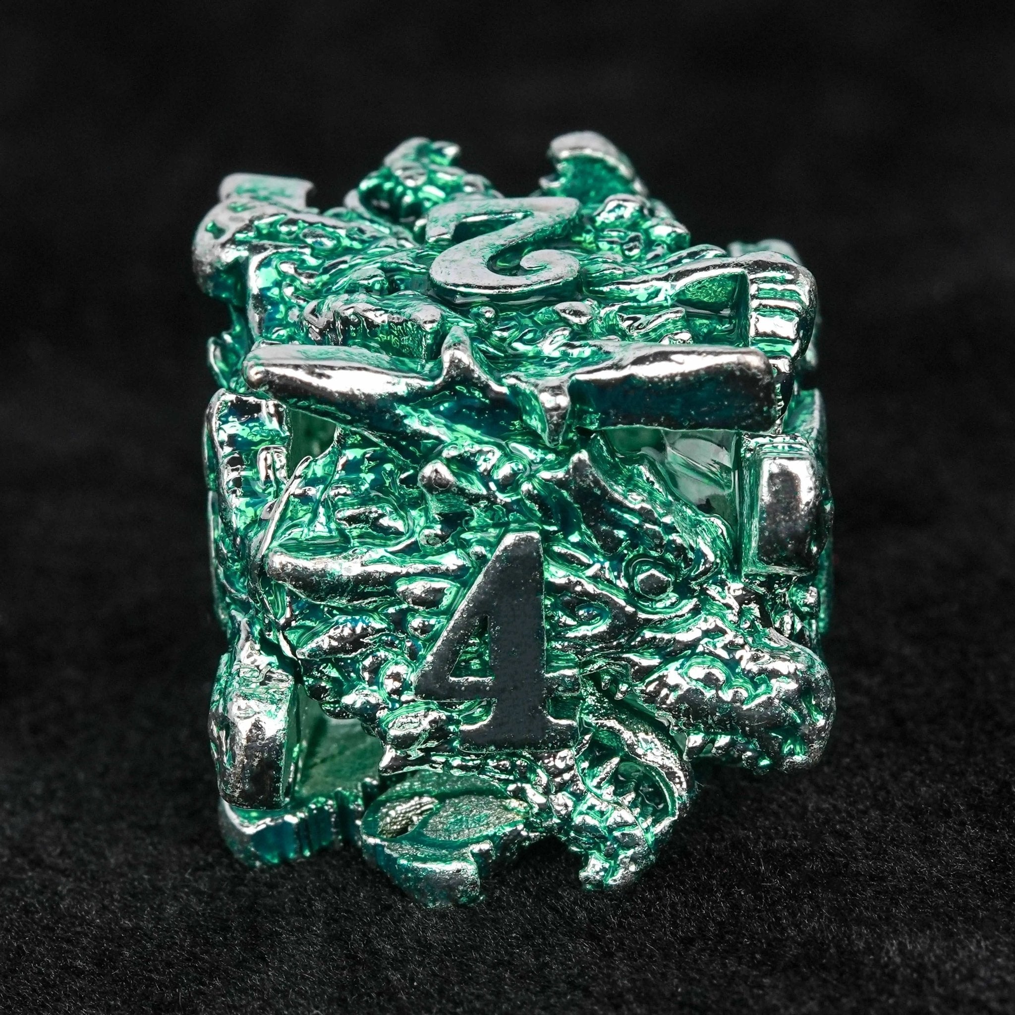 Irregular Skeleton Metal Dragon Polyhedron DND Dice Set + Silver Green