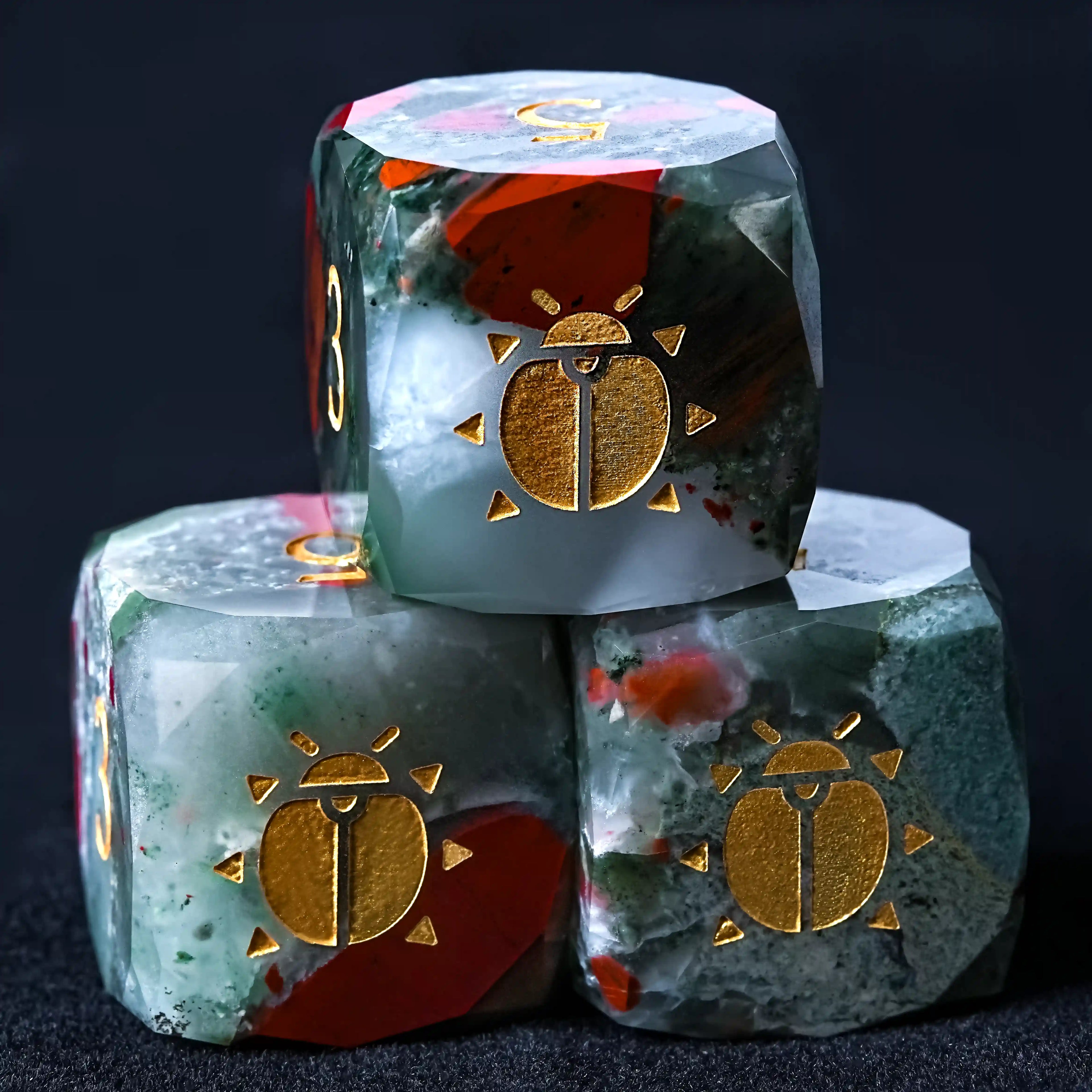 Kickstarter Dice - Natural Bloodstone DND Gemstone Dice Set - Khepri's Blessing