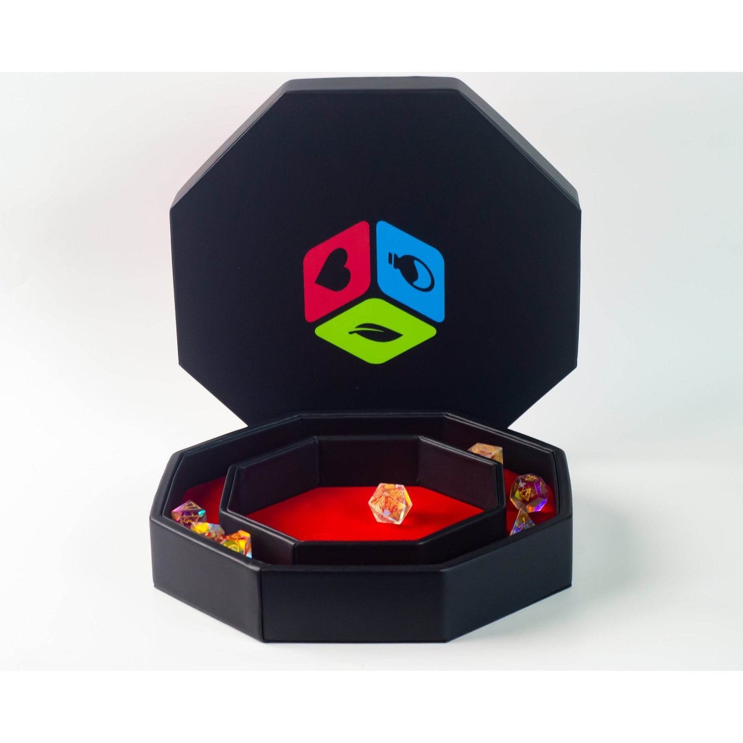Leather Dice Vault With Lid, Storage for 5 Sets of Dice, and Staging Area (Red, Green, Blue, Purple) - Red