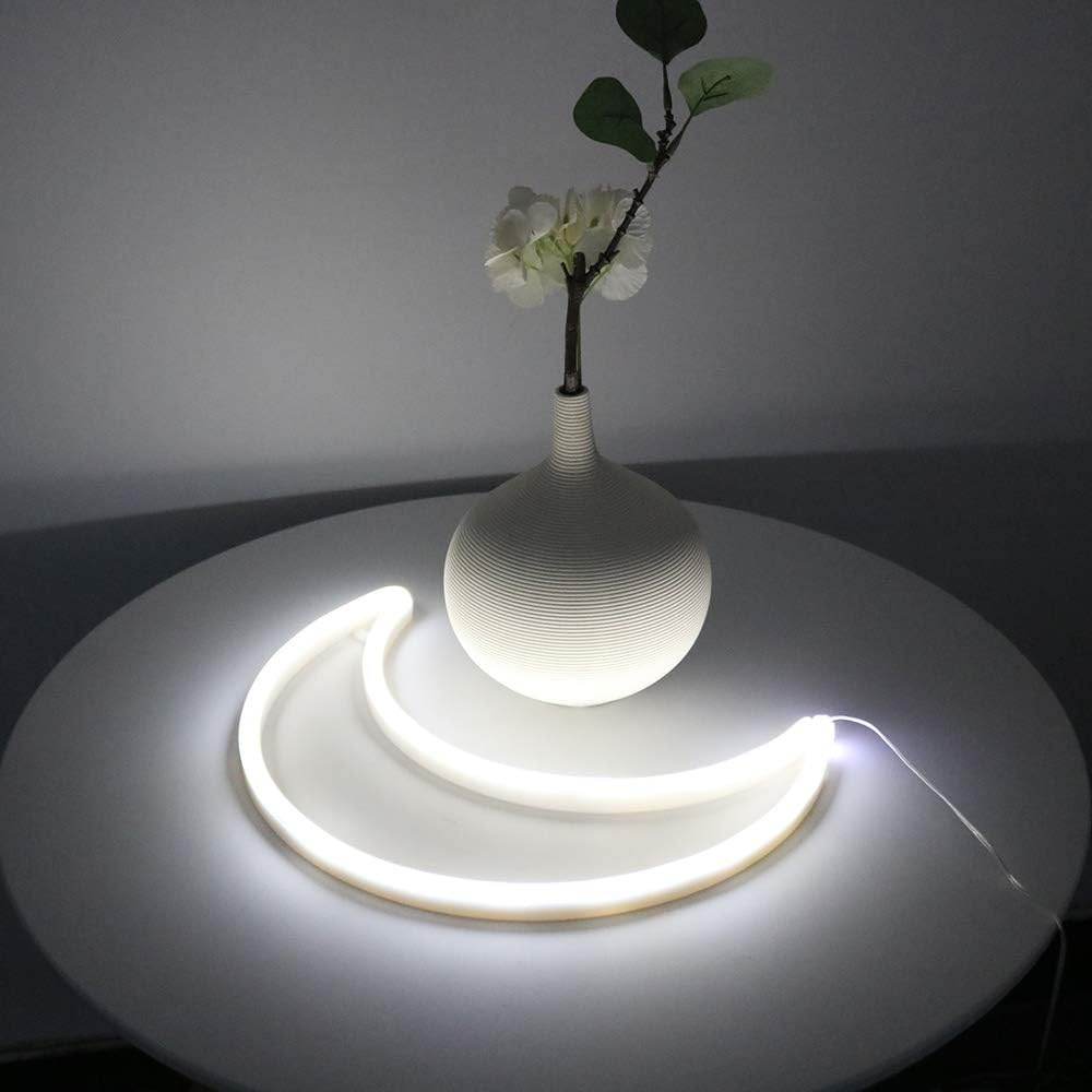 Pink Moon Neon Light - LED Night Light | Battery Powered & USB Glow Lamp - Red
