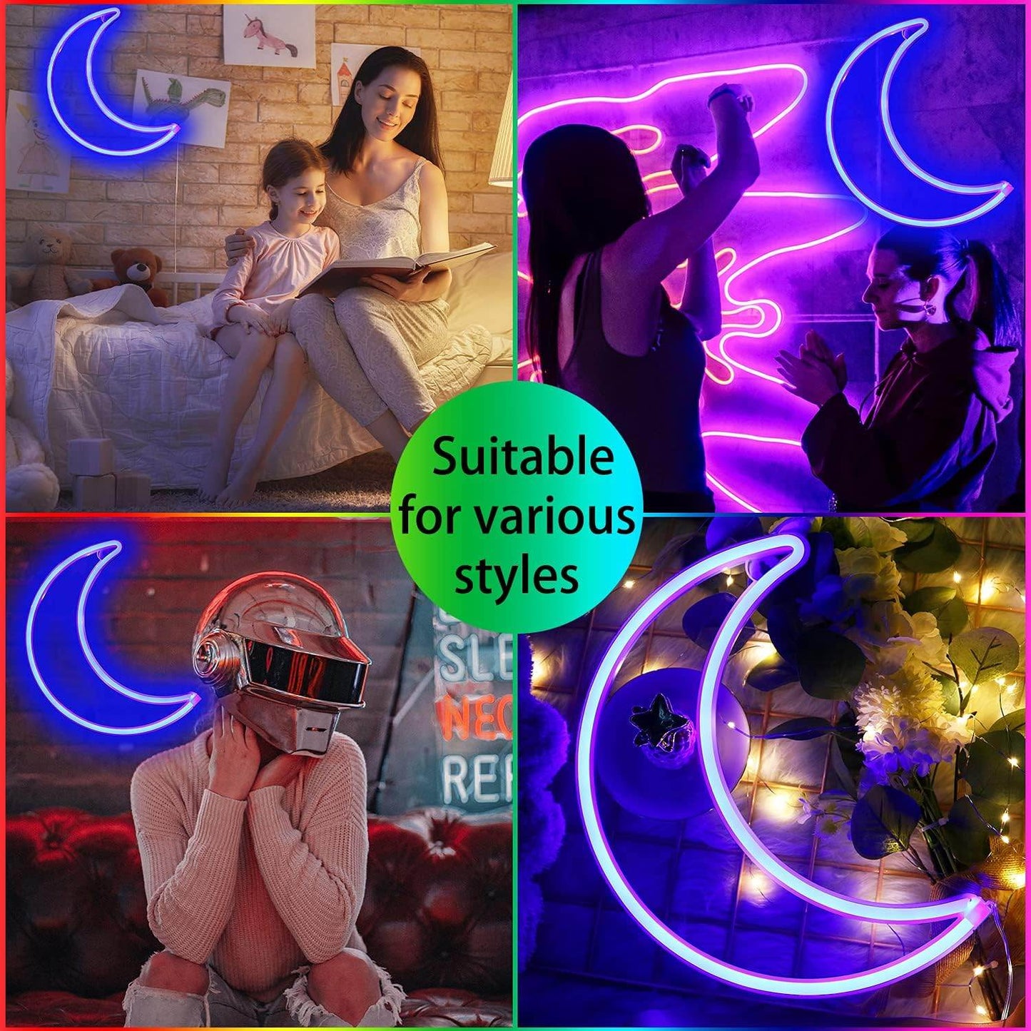 Pink Moon Neon Light - LED Night Light | Battery Powered & USB Glow Lamp - Red