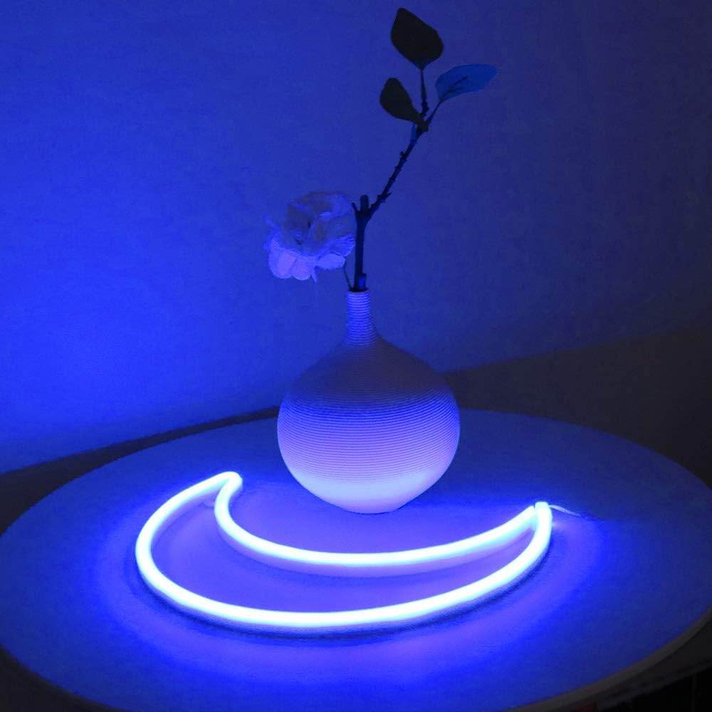 Pink Moon Neon Light - LED Night Light | Battery Powered & USB Glow Lamp - Red