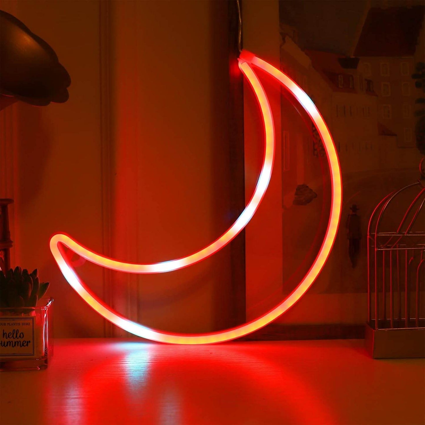 Pink Moon Neon Light - LED Night Light | Battery Powered & USB Glow Lamp - Red