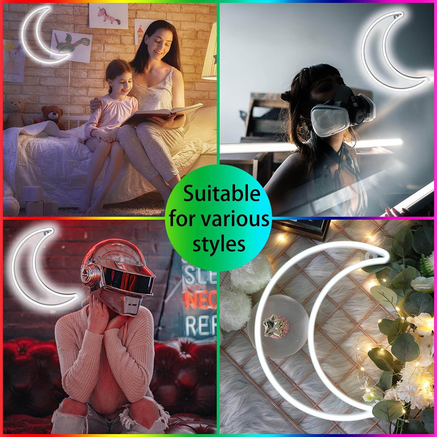 Pink Moon Neon Light - LED Night Light | Battery Powered & USB Glow Lamp - Red