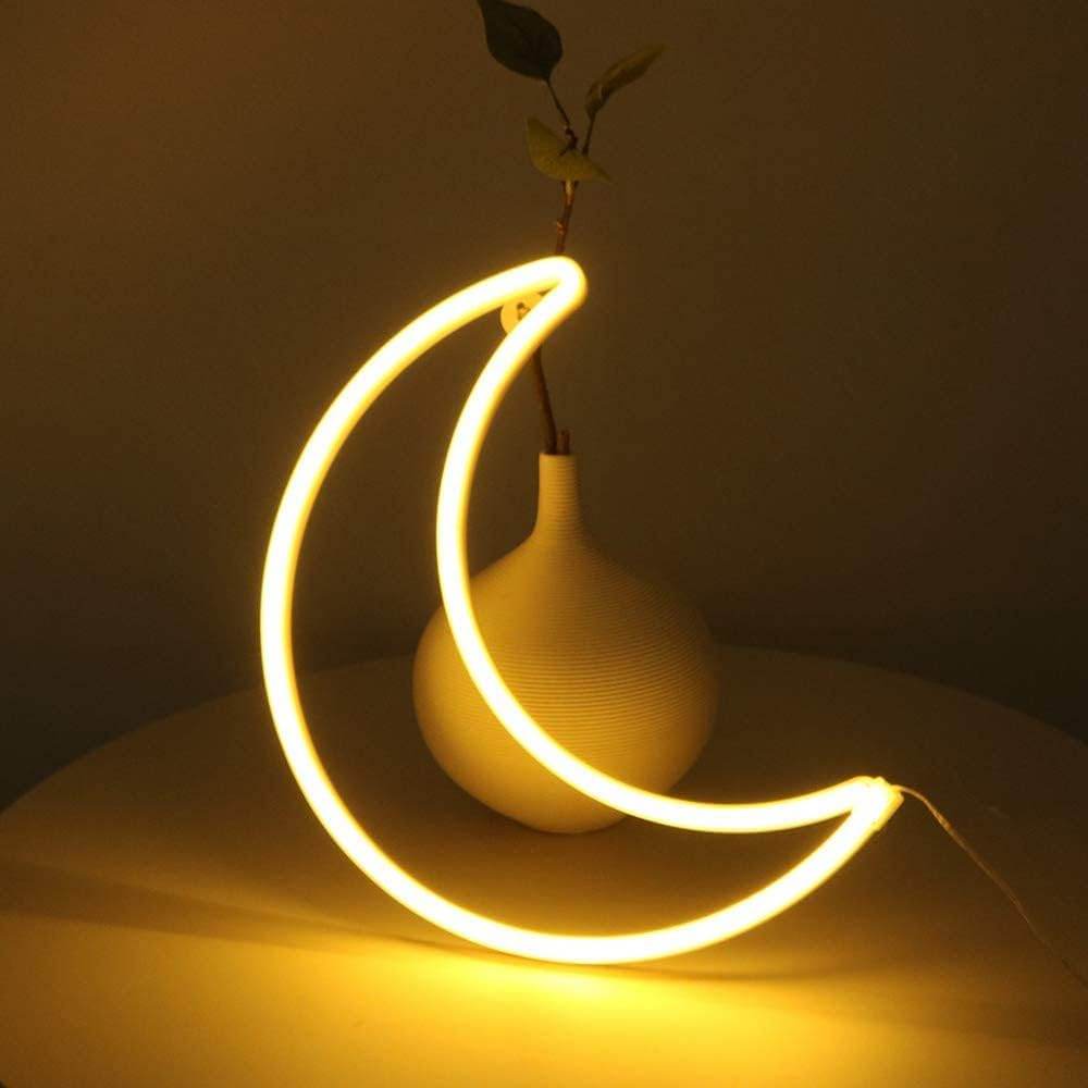 Pink Moon Neon Light - LED Night Light | Battery Powered & USB Glow Lamp - Red