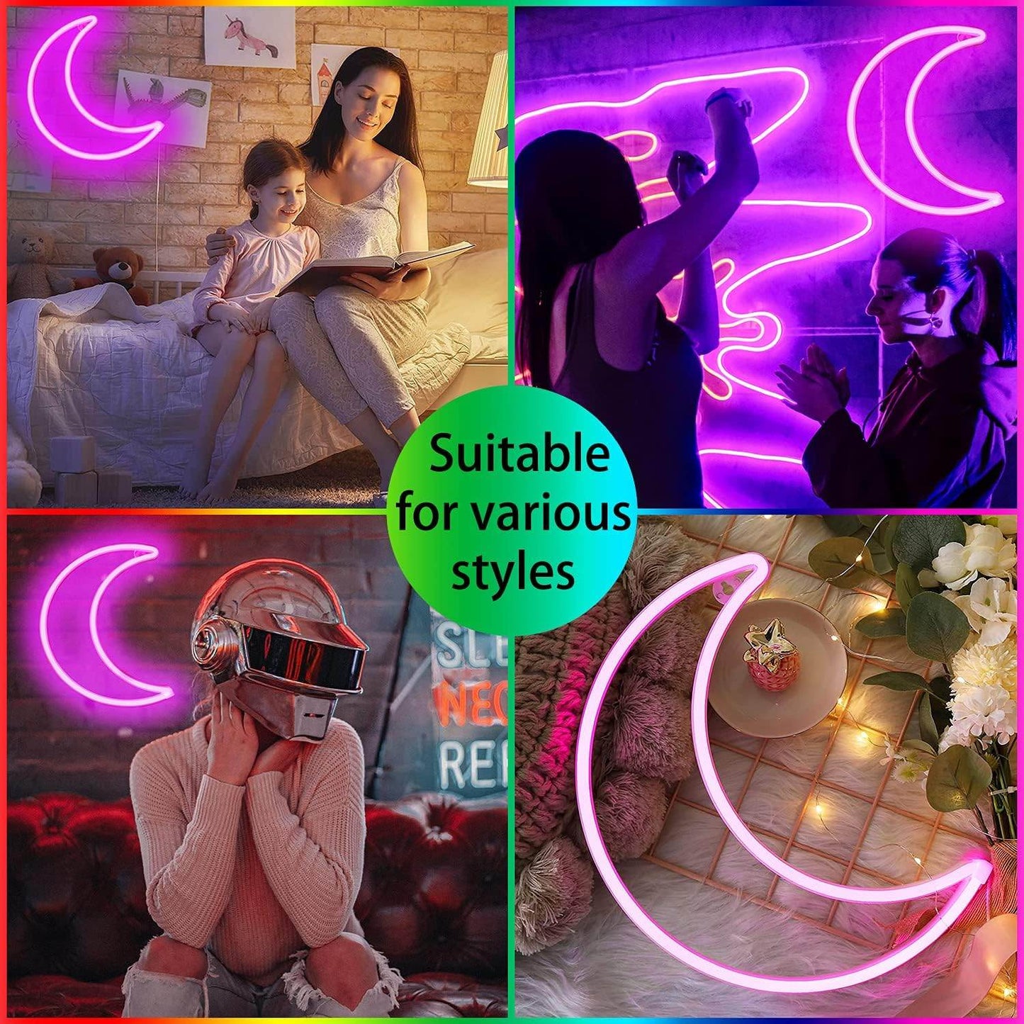 Pink Moon Neon Light - LED Night Light | Battery Powered & USB Glow Lamp - Red