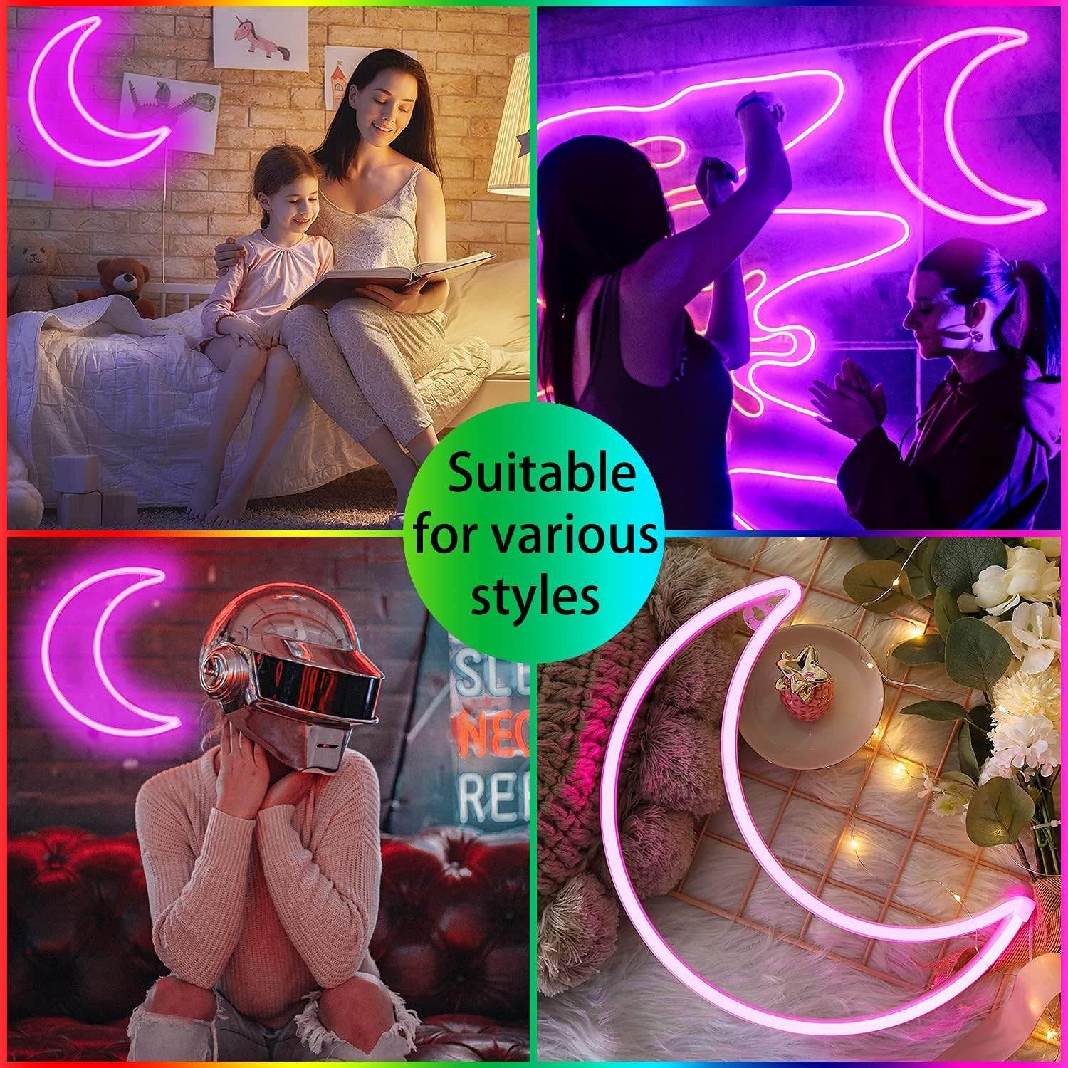 Pink Moon Neon Light - LED Night Light | Battery Powered & USB Glow Lamp - Red