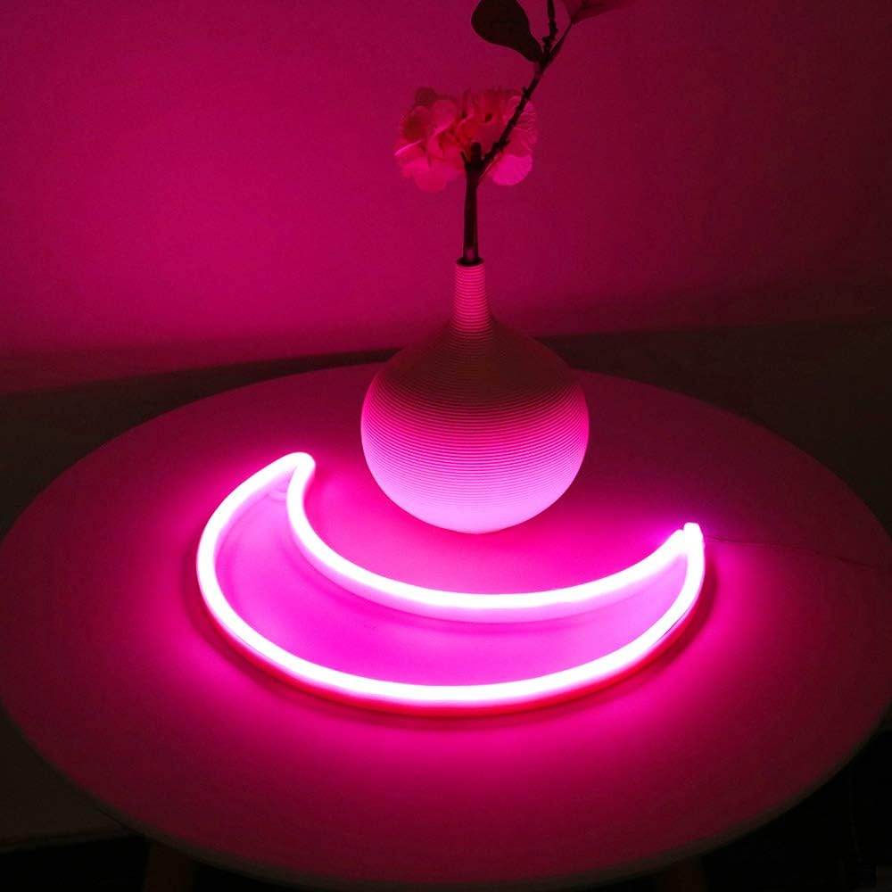 Pink Moon Neon Light - LED Night Light | Battery Powered & USB Glow Lamp - Red