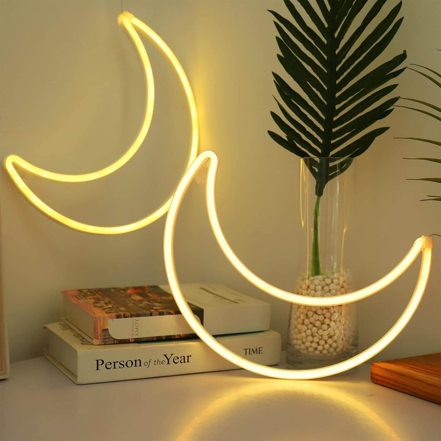 Pink Moon Neon Light - LED Night Light | Battery Powered & USB Glow Lamp - Red