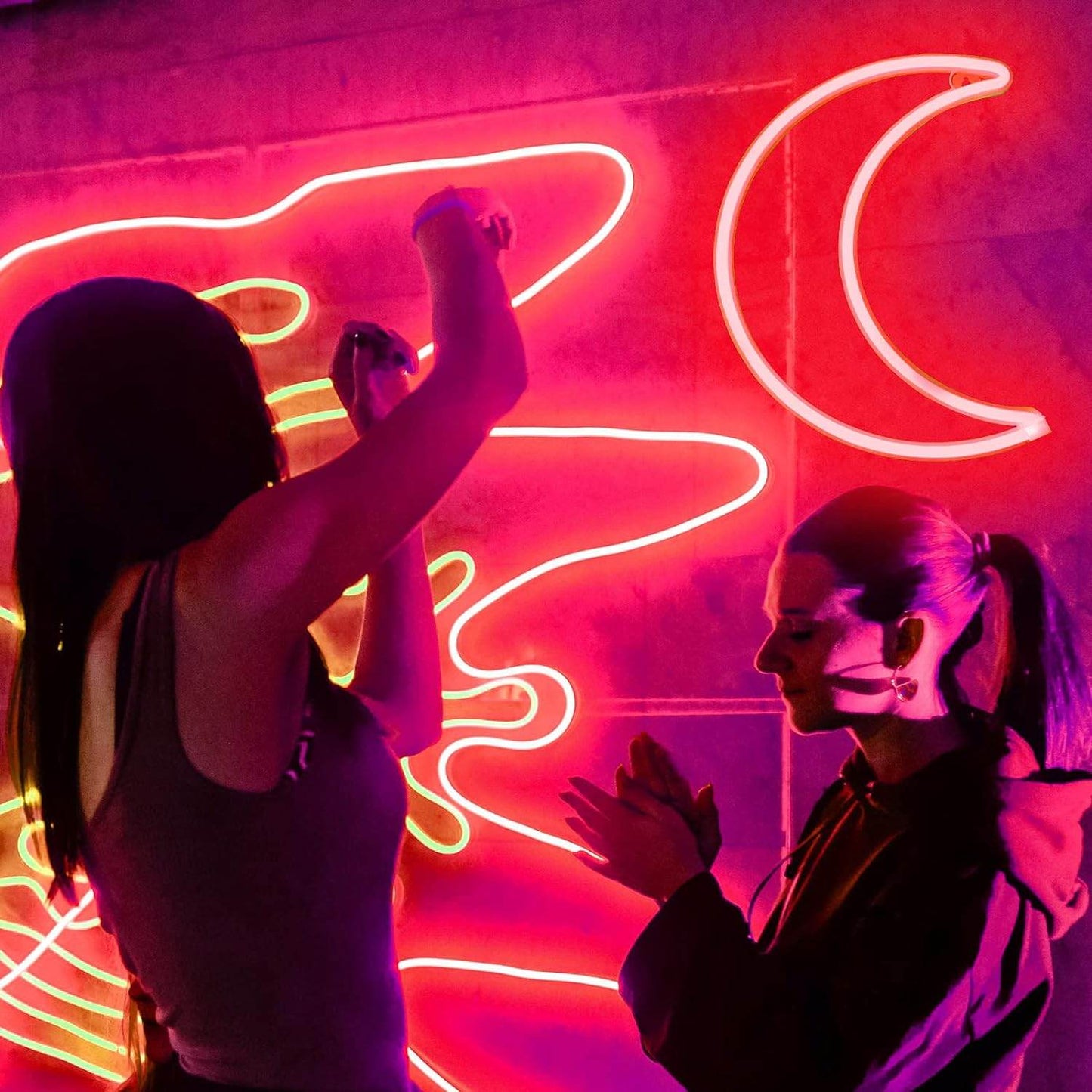 Pink Moon Neon Light - LED Night Light | Battery Powered & USB Glow Lamp - Red