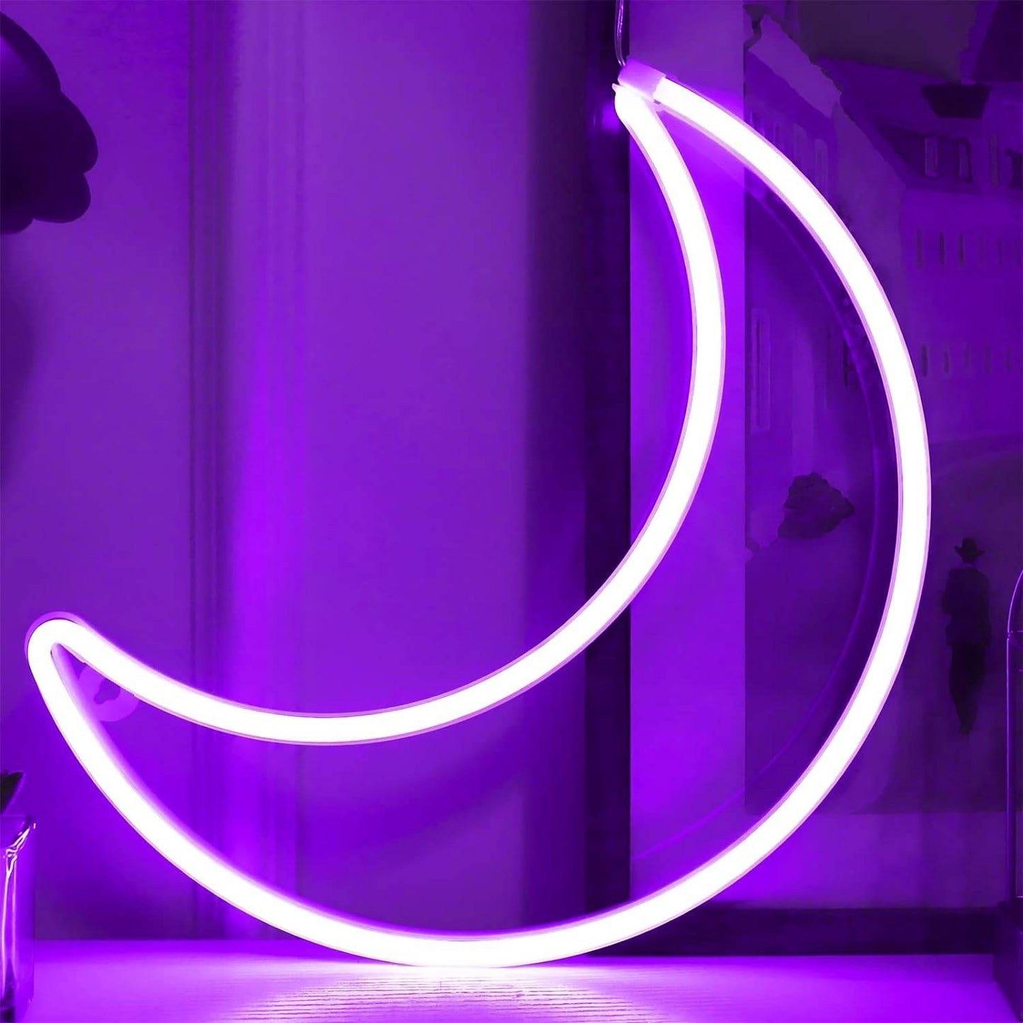 Pink Moon Neon Light - LED Night Light | Battery Powered & USB Glow Lamp - Purple