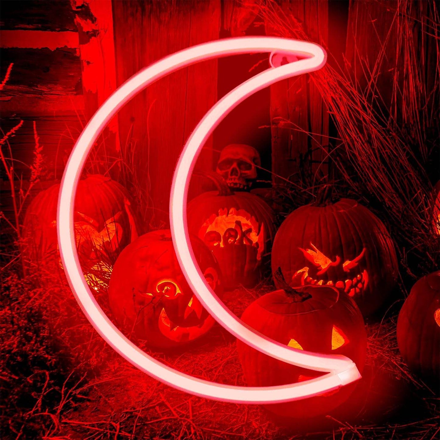Pink Moon Neon Light - LED Night Light | Battery Powered & USB Glow Lamp - Red