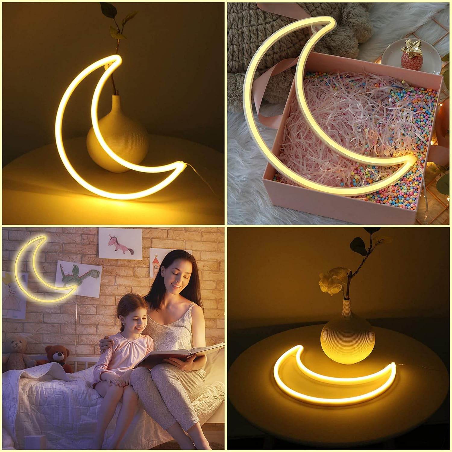Pink Moon Neon Light - LED Night Light | Battery Powered & USB Glow Lamp - Red