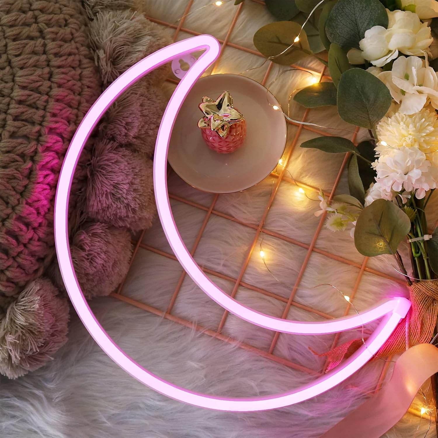 Pink Moon Neon Light - LED Night Light | Battery Powered & USB Glow Lamp - Red
