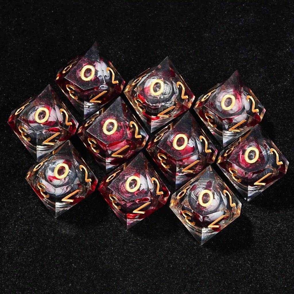 Liquid Core Horror Blood Red Skull 10-sided Dice Resin D10 Dice Gold Font
