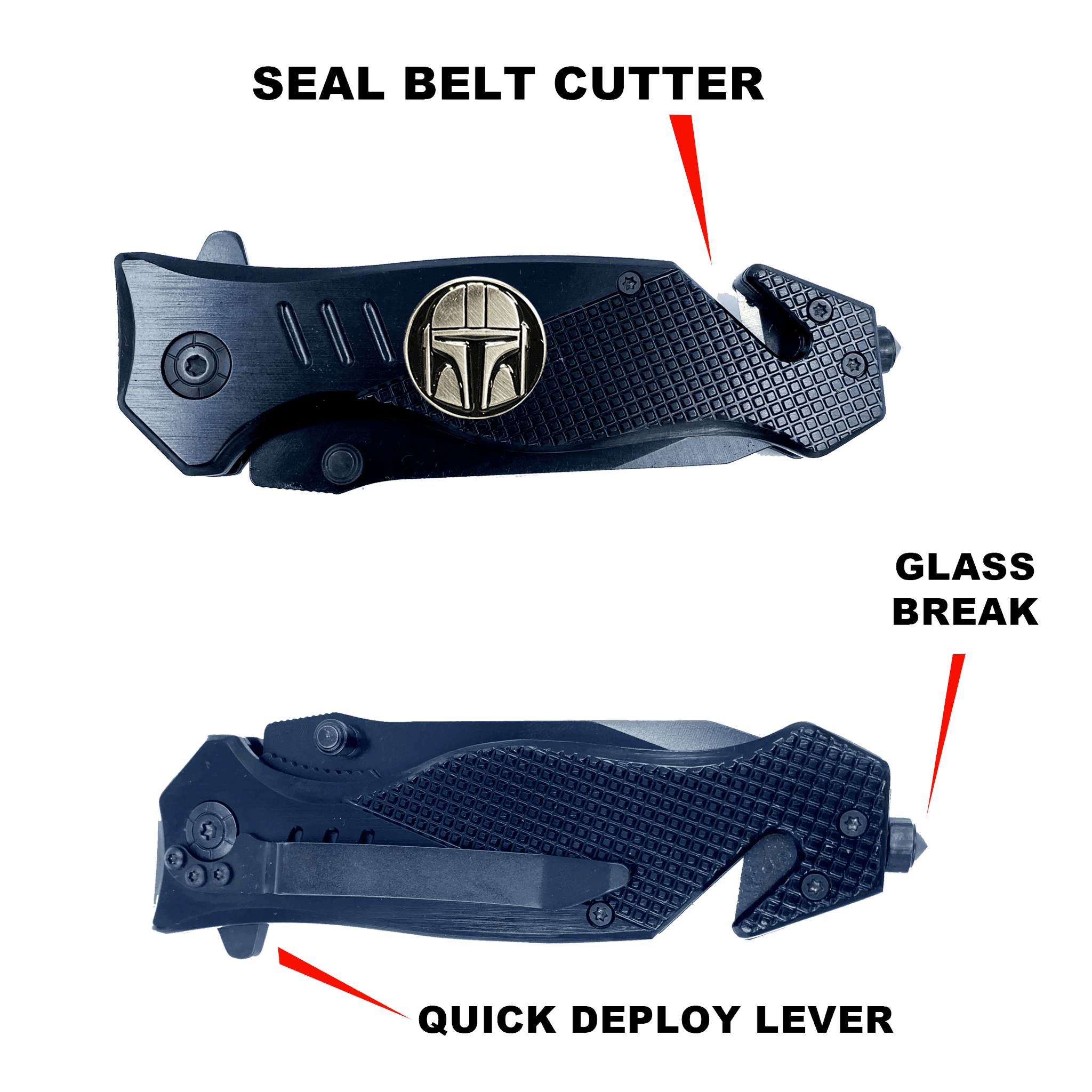 GL3-017 Mandalorian Inspired 3-in-1 Police Tactical Rescue knife tool knife Star Wars parody with Seatbelt Cutter, Steel Serrated Blade, Glass Breaker - 