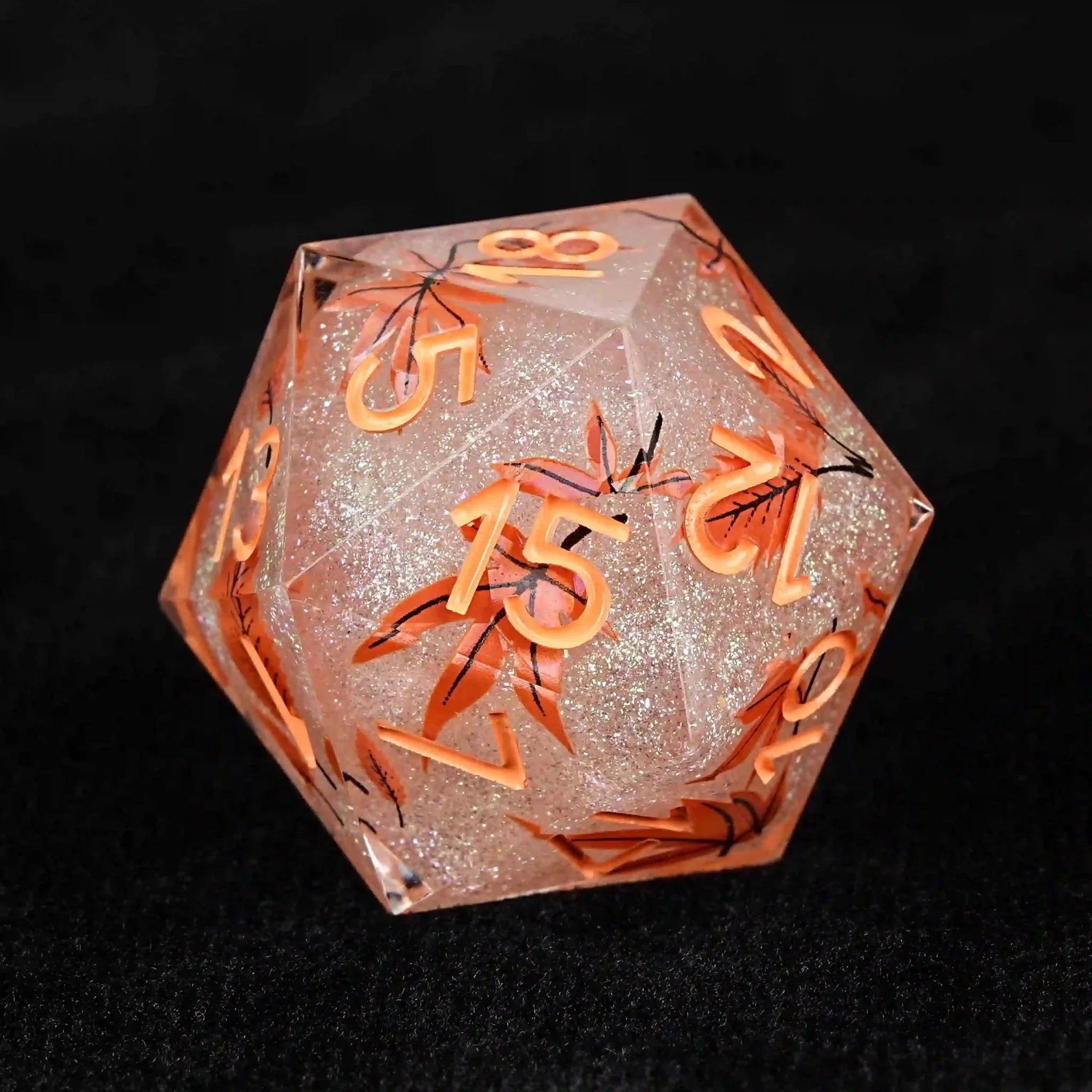 Maple Leaf Glitter Resin DND Dice Set + Orange Number