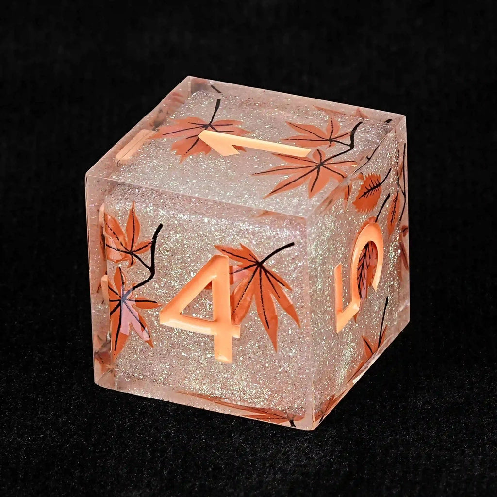 Maple Leaf Glitter Resin DND Dice Set + Orange Number
