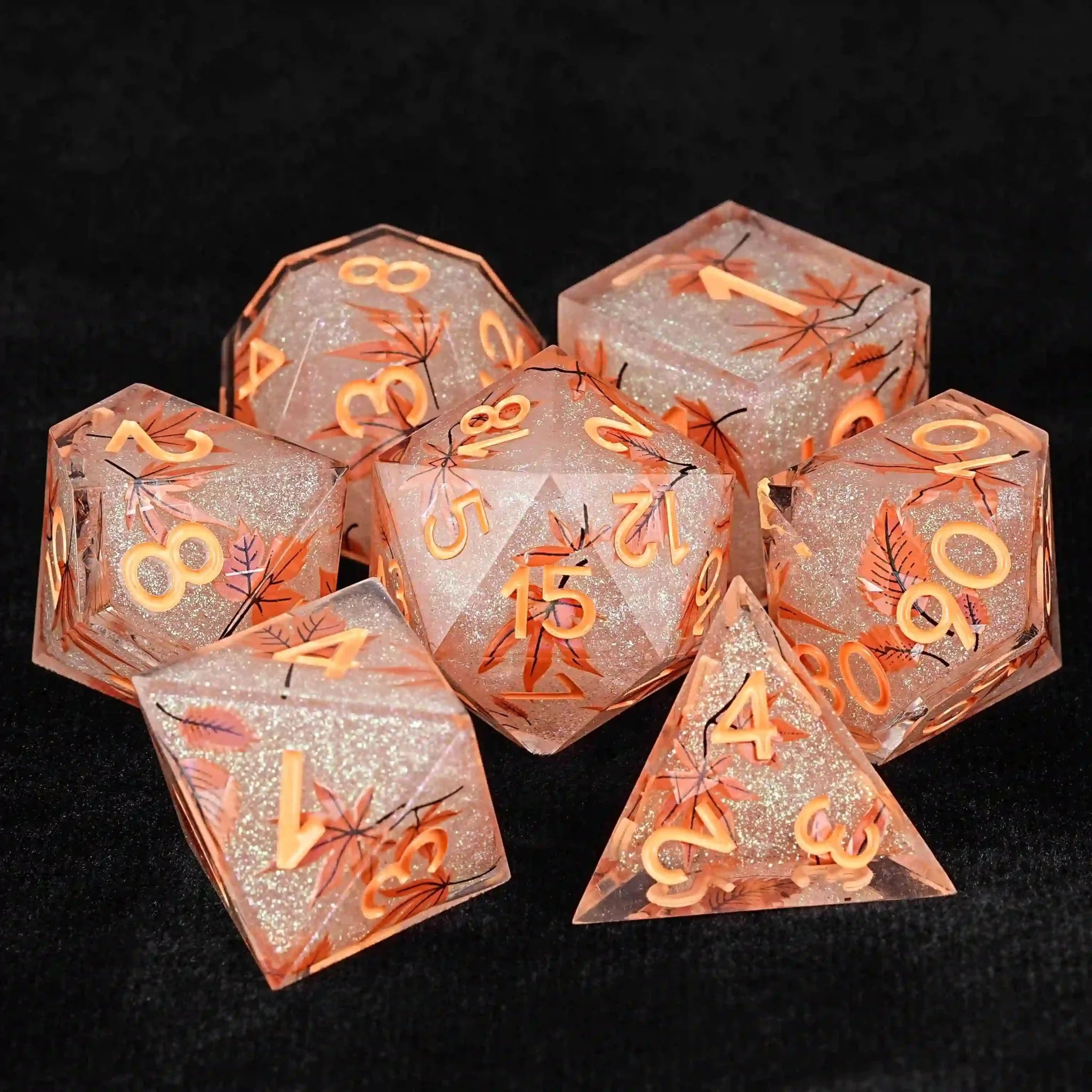 Maple Leaf Glitter Resin DND Dice Set + Orange Number