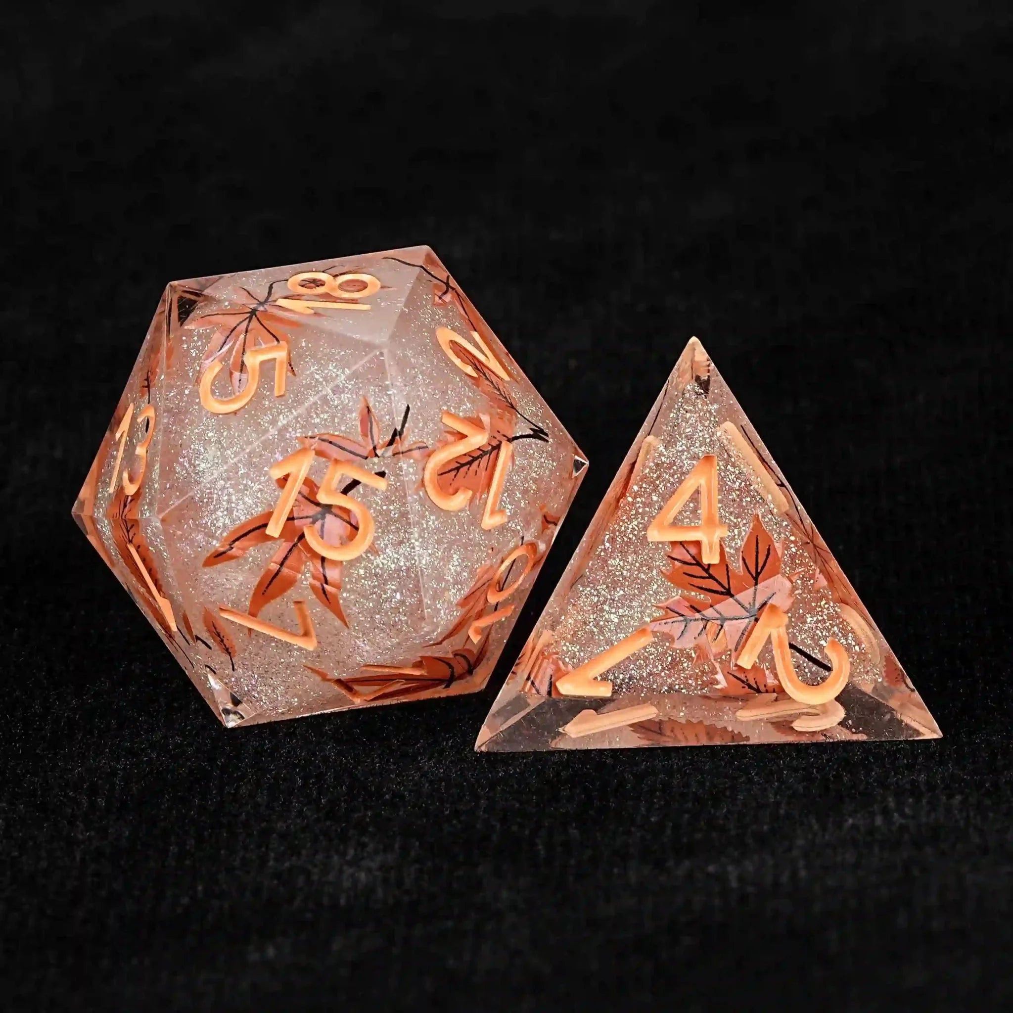 Maple Leaf Glitter Resin DND Dice Set + Orange Number