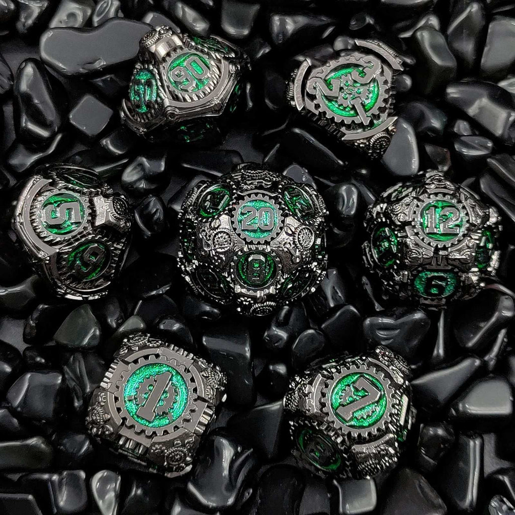 Mechanical Gear Solid Metal DND Dice Set Pearl Gun - Flash Green